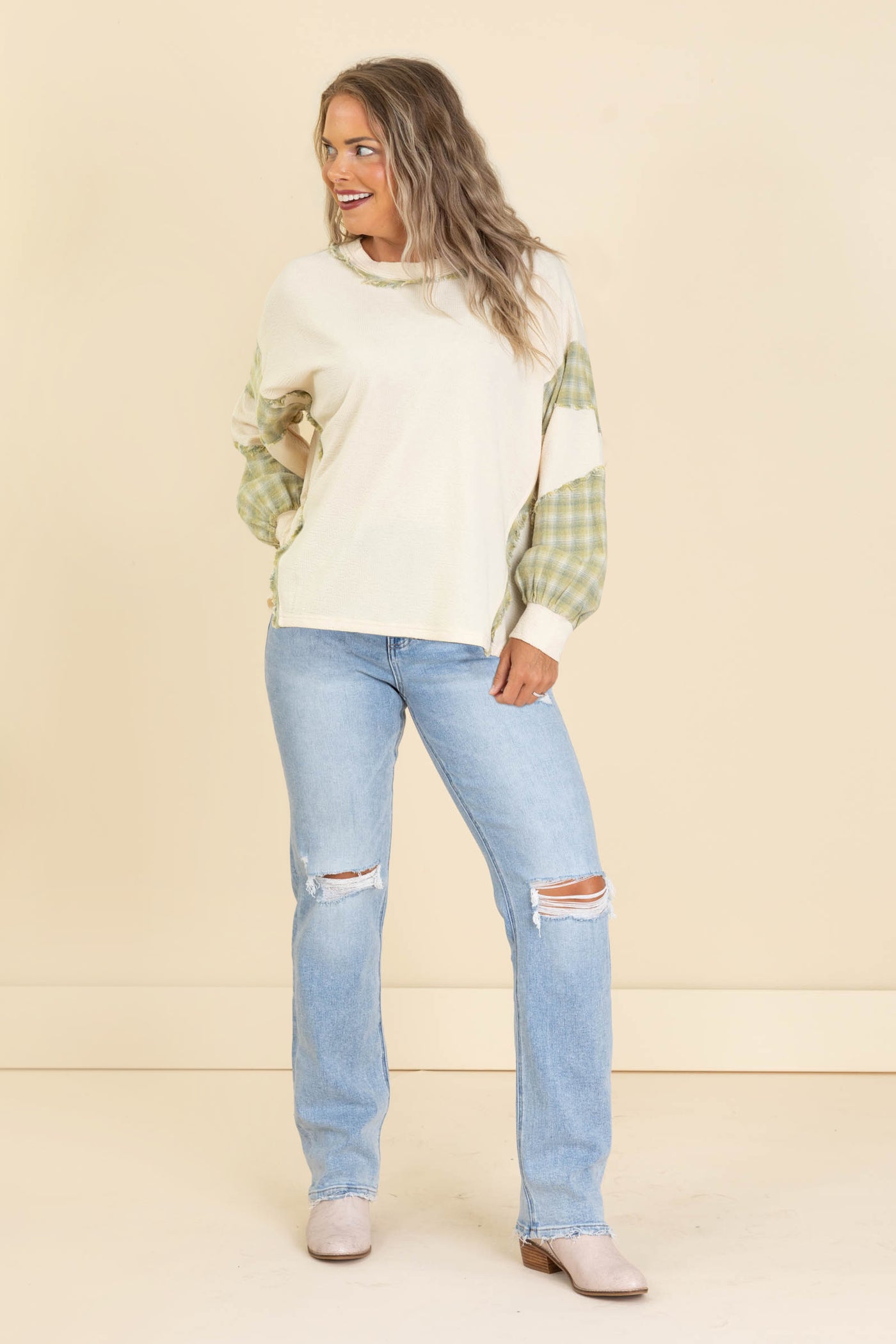 Cream And Sage Plaid Mix Washed Knit Top