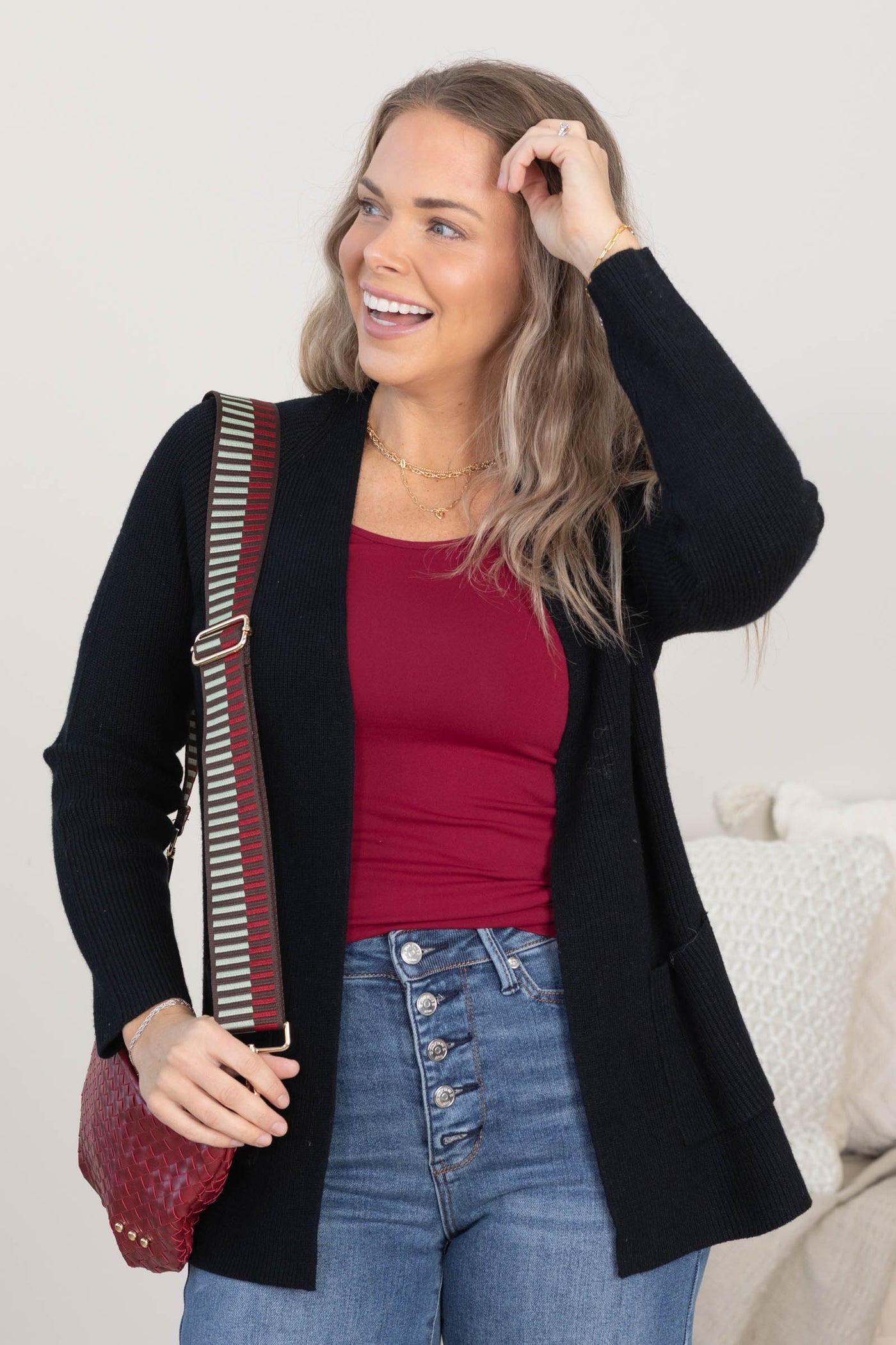 Ribbed Open Front Cardigans With Patch Pocket