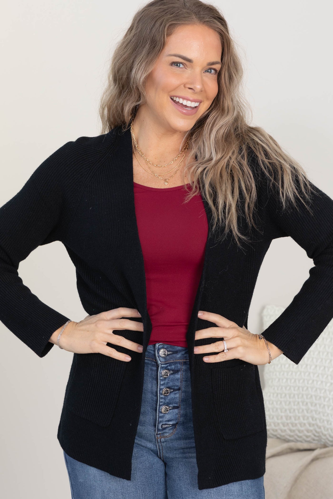 Ribbed Open Front Cardigans With Patch Pocket