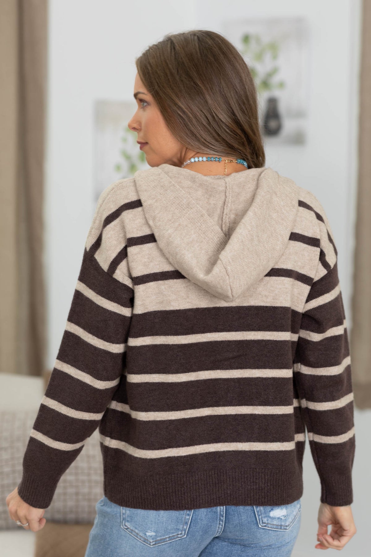 Staccato Brown And Taupe Stripe Hoodie Button Cardigan