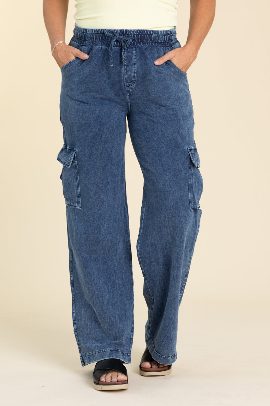 Blue Mineral Wash Wide Leg Cotton Cargo Pants