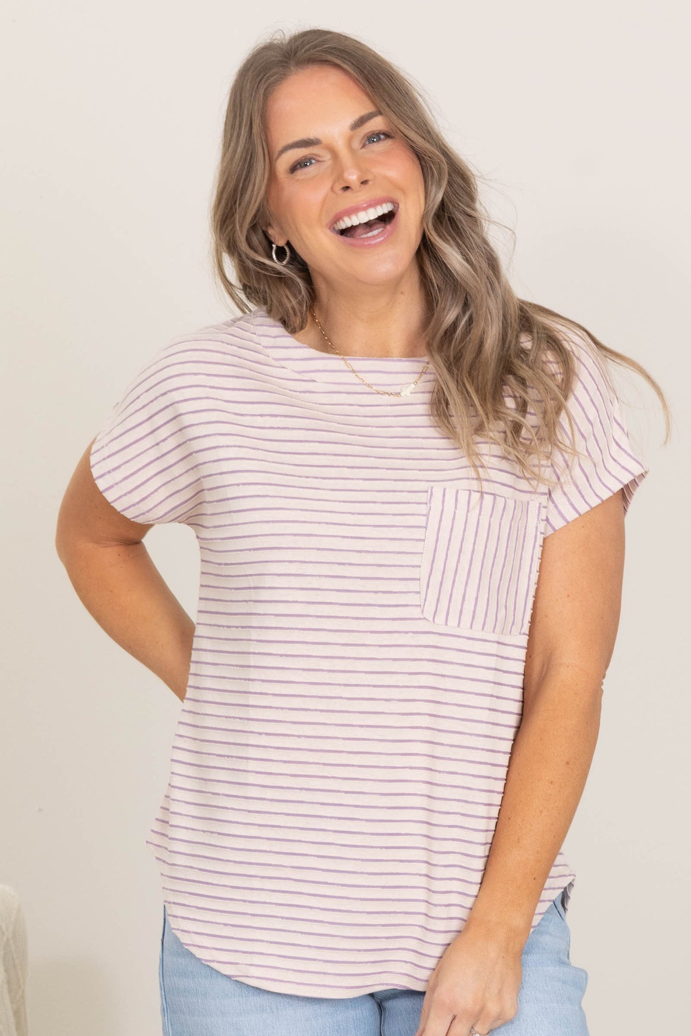 Ivory and Lavender Stripe Short Sleeve Knit Top