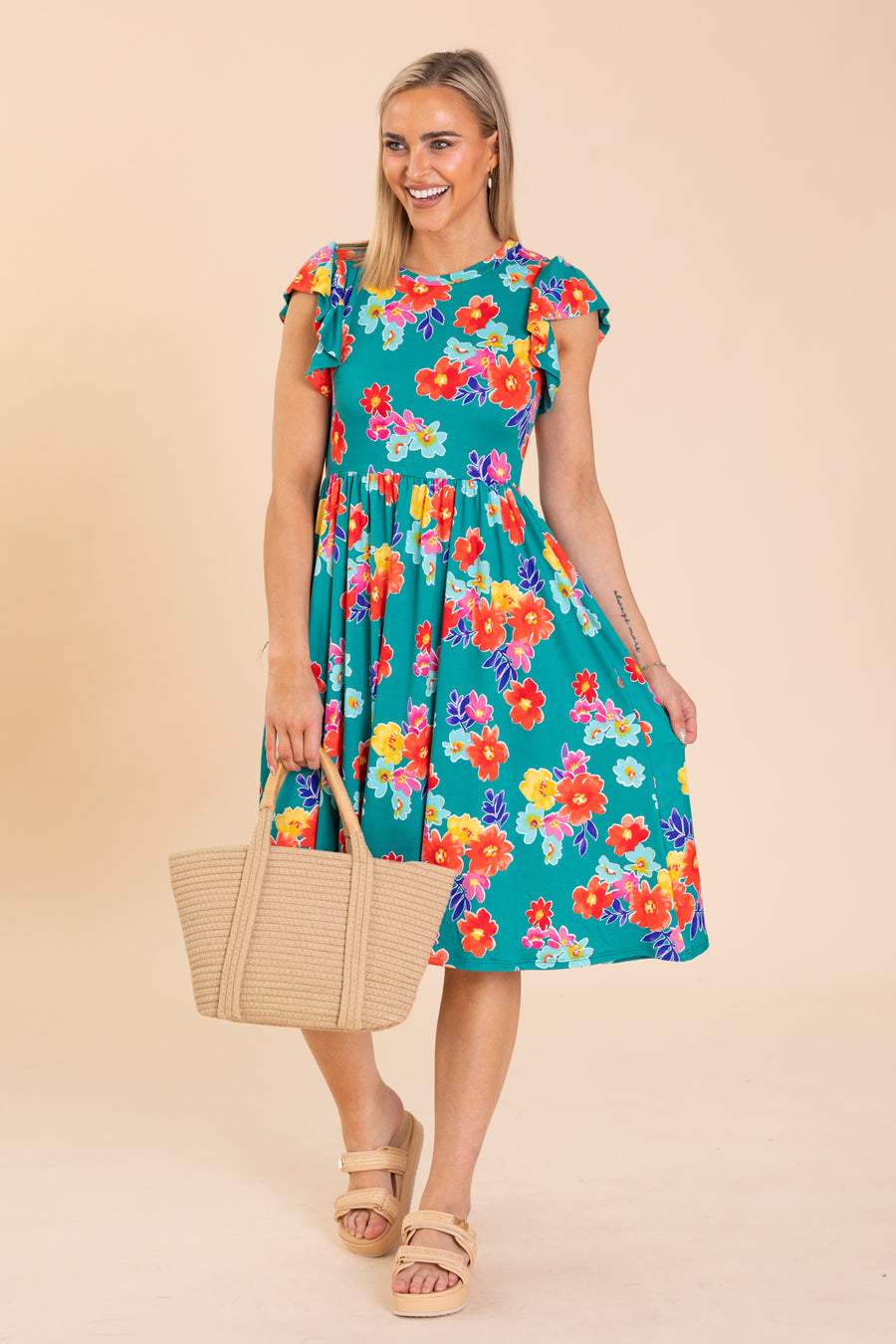Teal Floral Fit and Flare Midi Dress