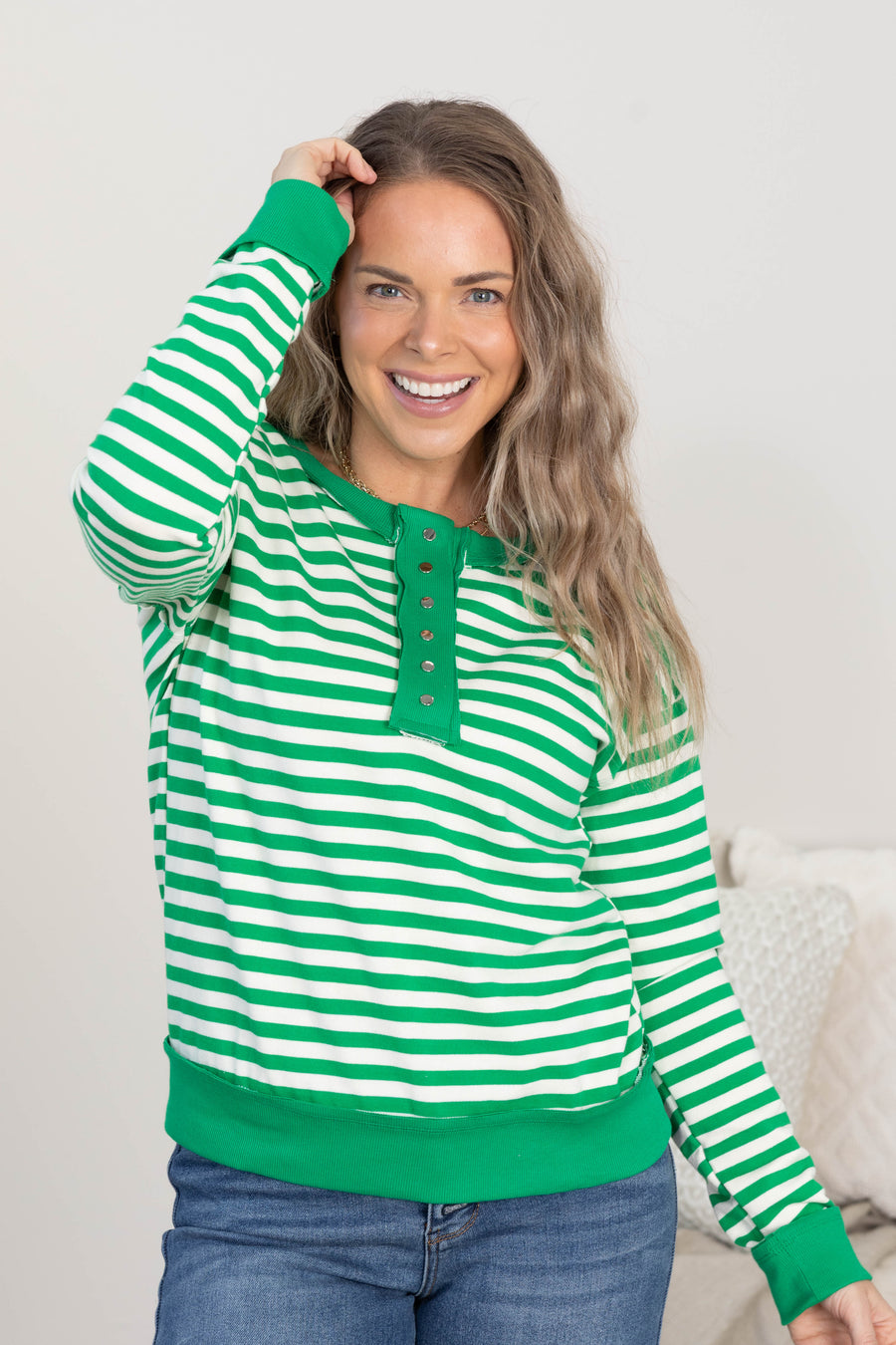 Green Half Button Terry Striped Knit Top