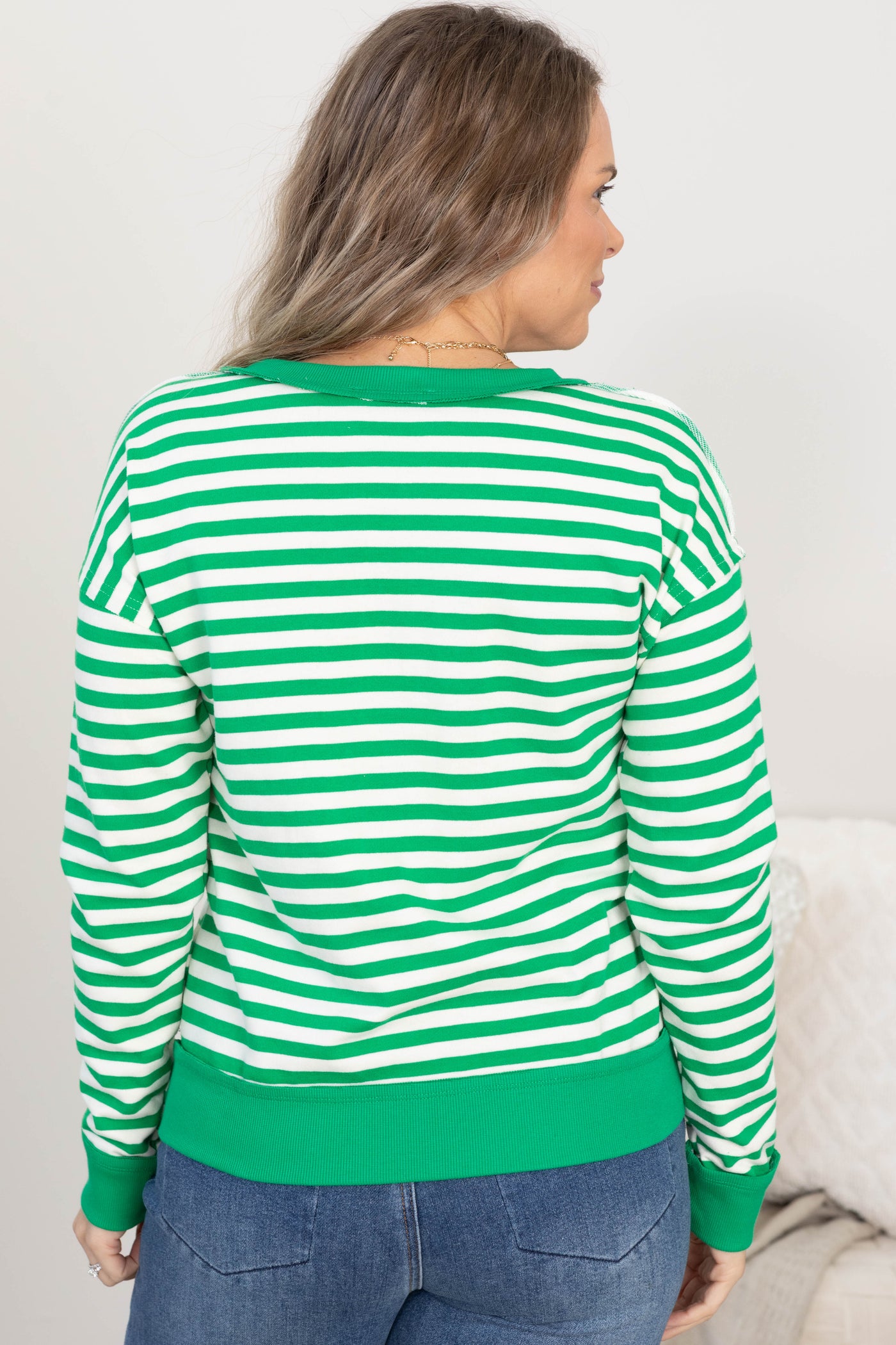 Green Half Button Terry Striped Knit Top