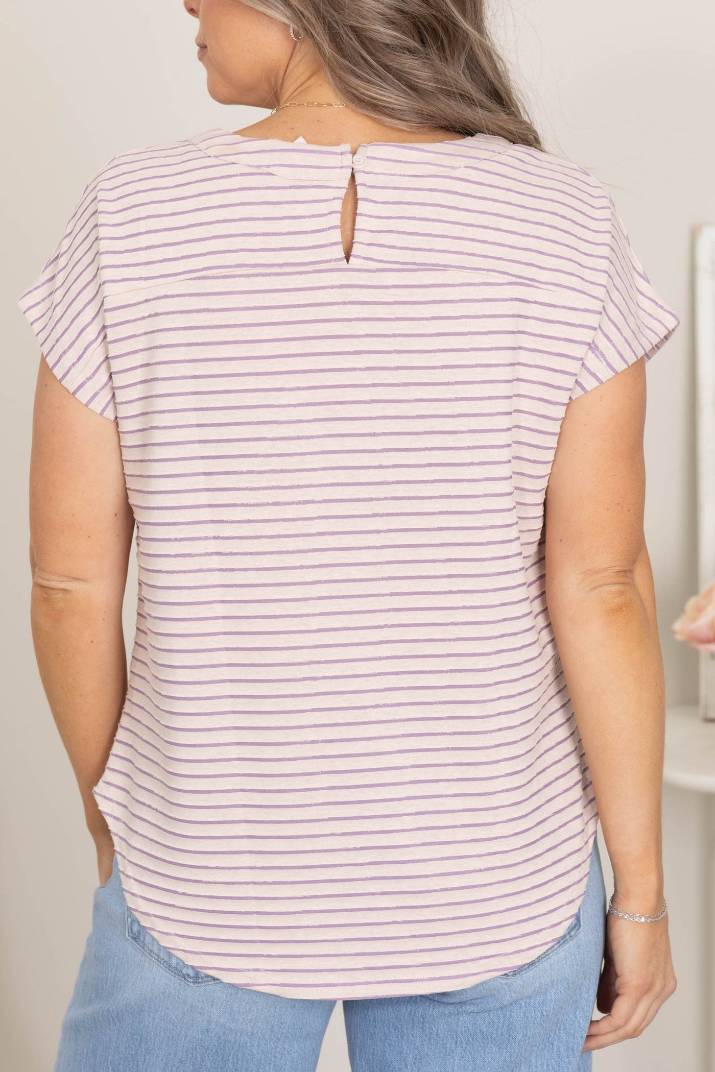 Ivory and Lavender Stripe Short Sleeve Knit Top