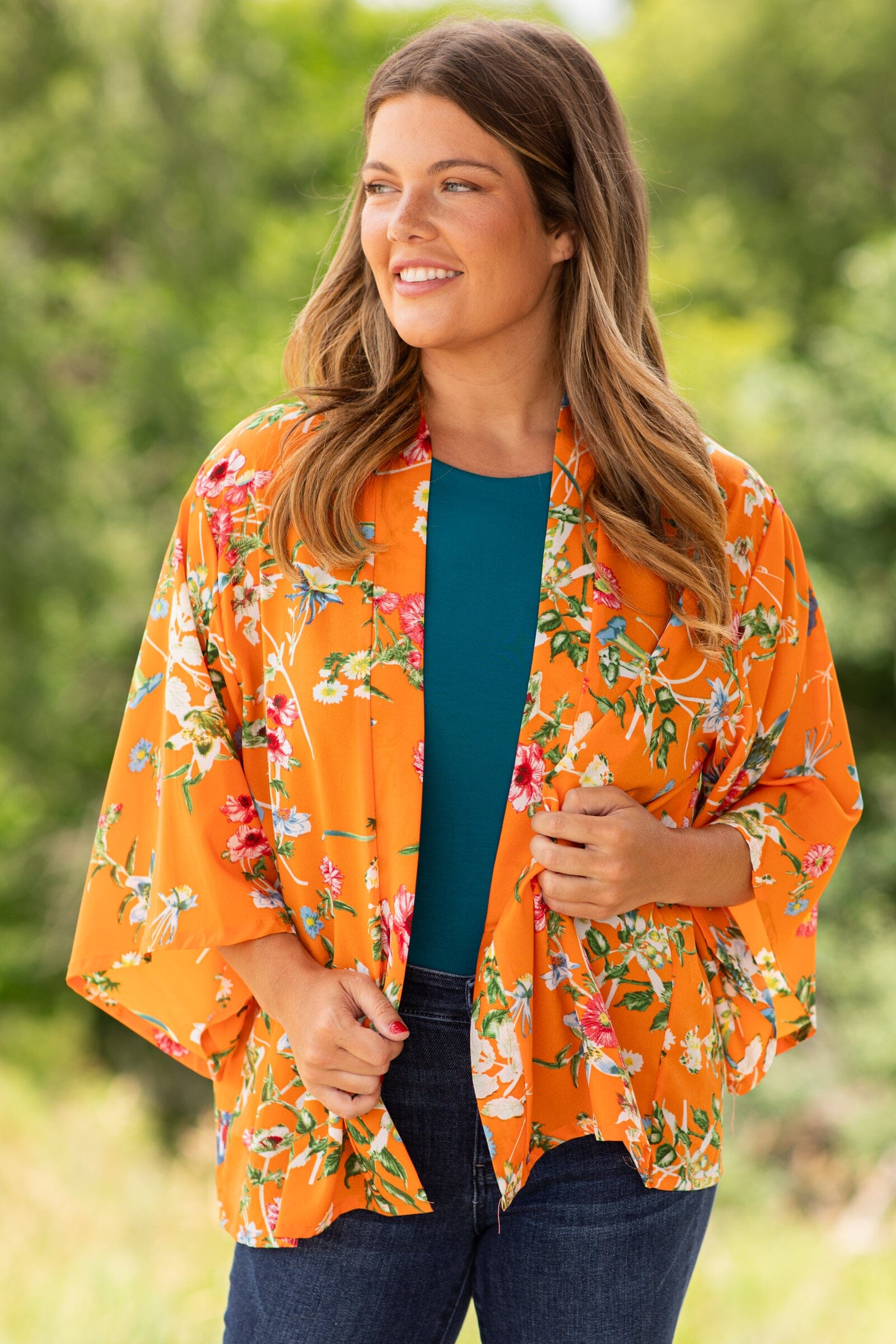 Orange Multicolor Floral Print Kimono - Filly Flair