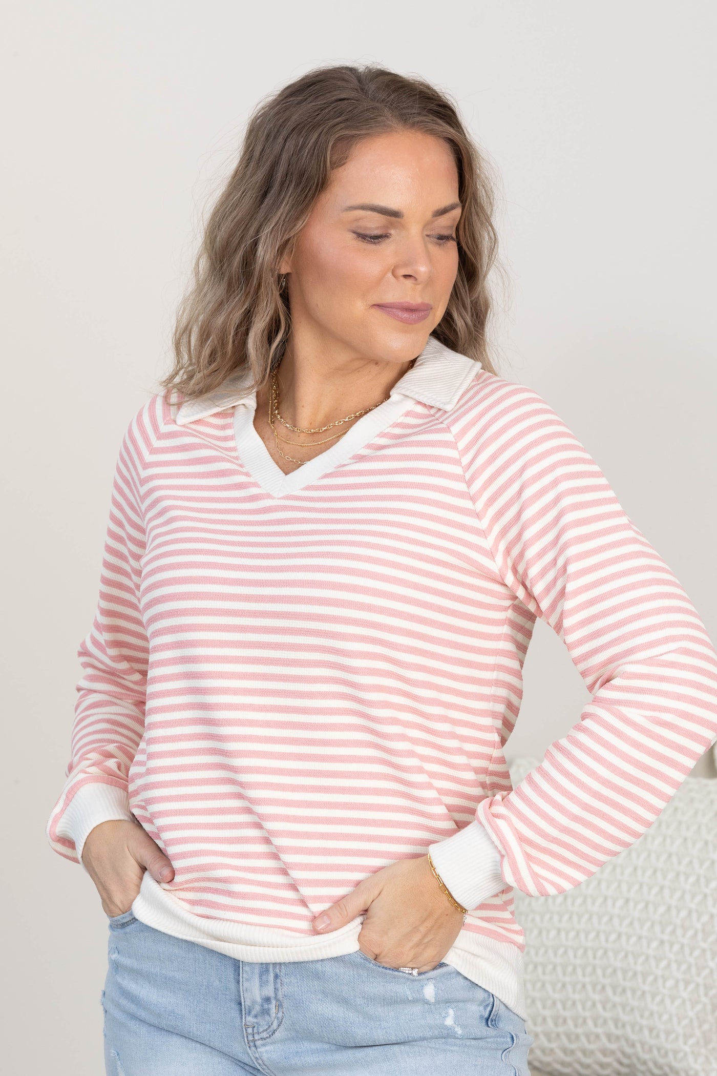 Polo Collar Striped Sweatshirt
