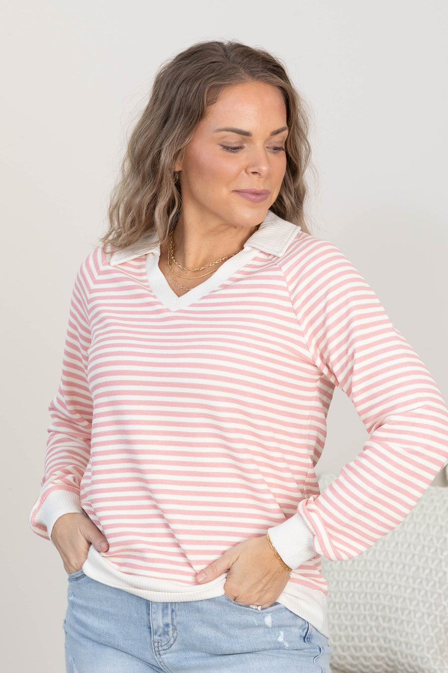 Pink Polo Collar Striped Sweatshirt