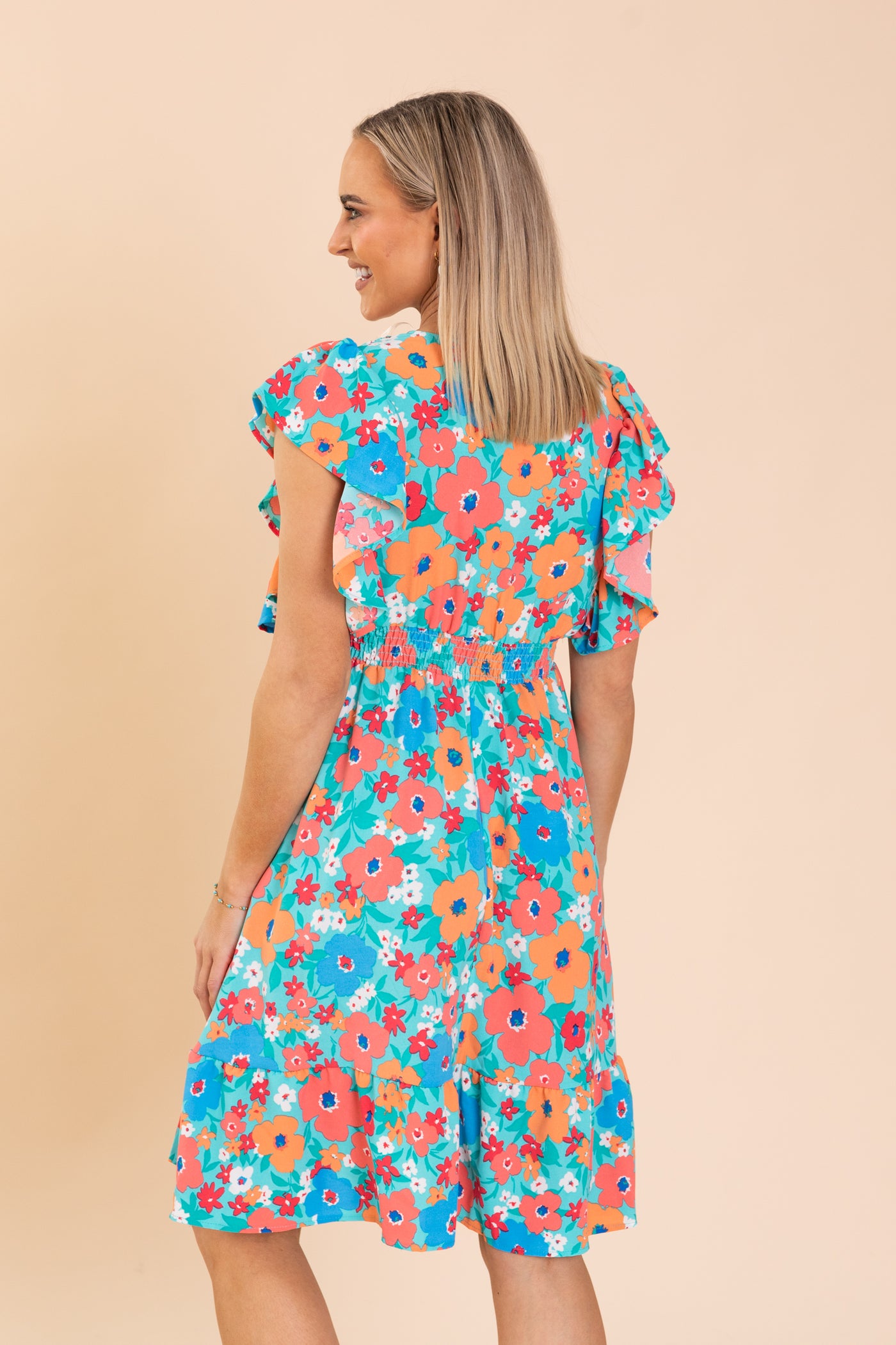 Seafoam Smocking Waist Ruffle Sleeve Dress