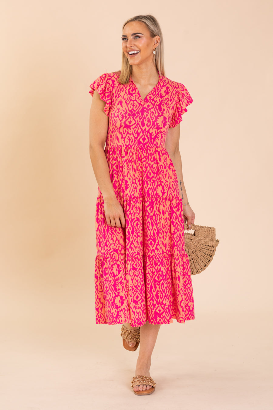 Fuchsia Collared Notch Knit Dress With Pockets