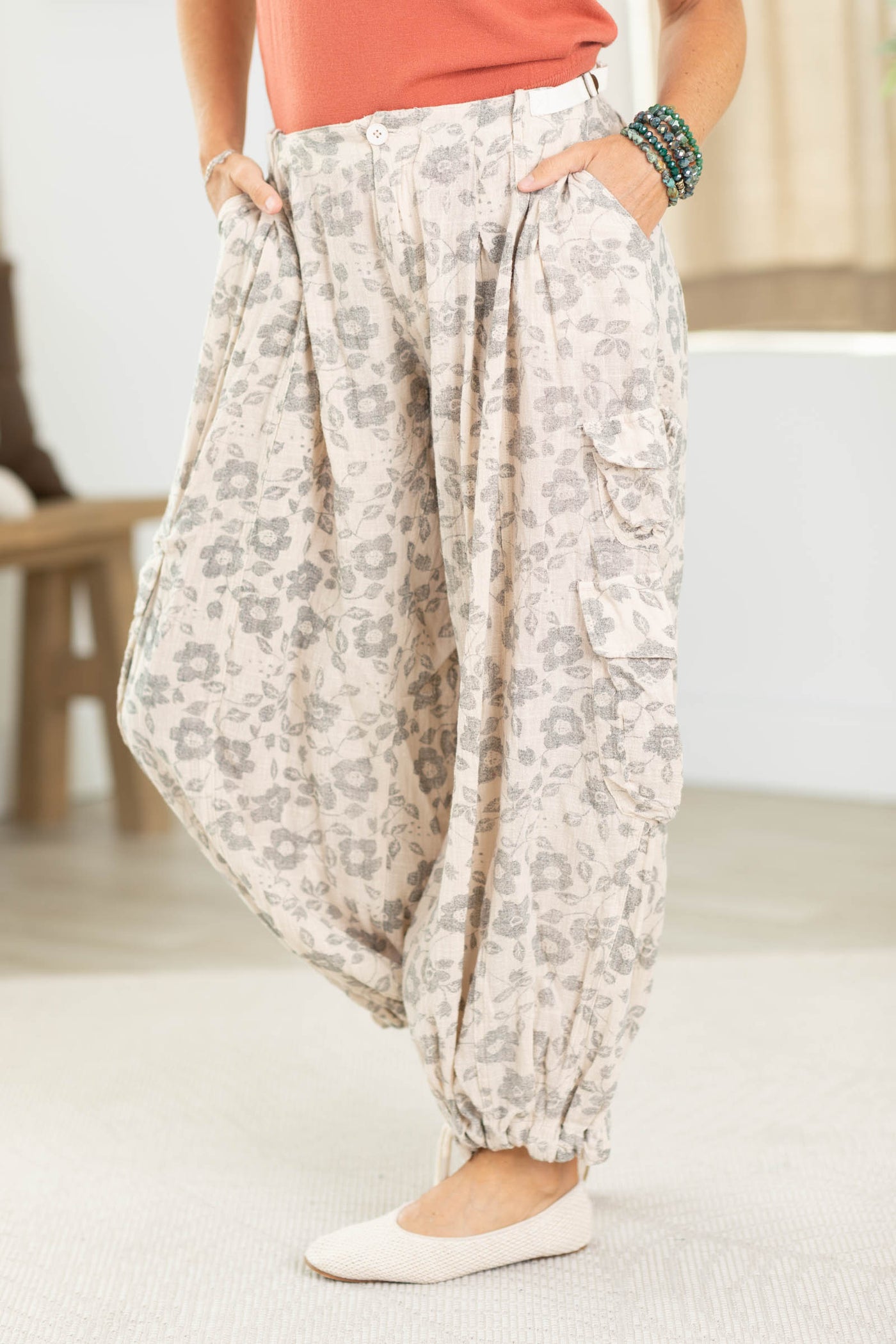 Cotierra Dusty Beige And Charcoal Floral Printed Utility Pants