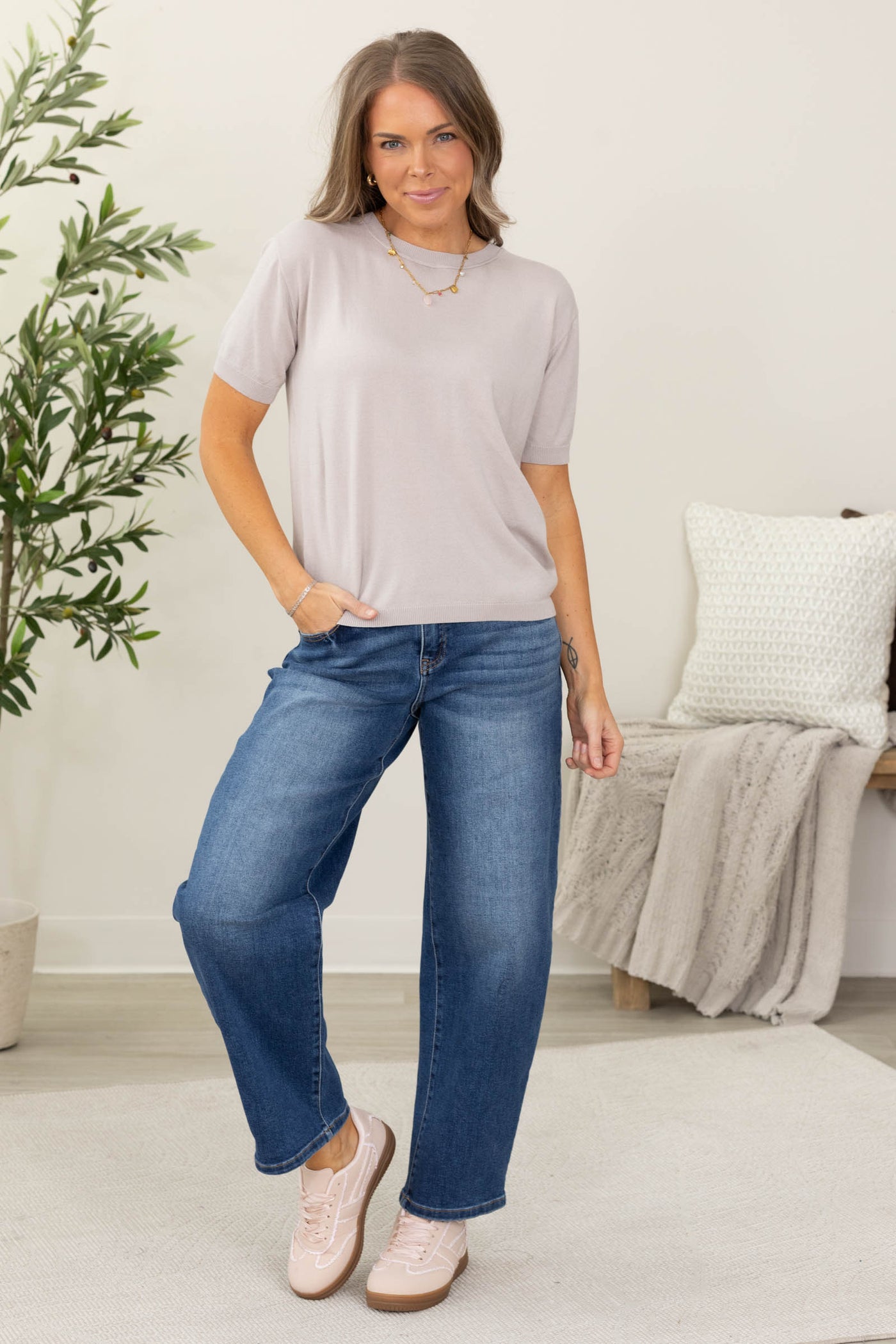 Staccato Light Grey Short Sleeve Basic Knit Top