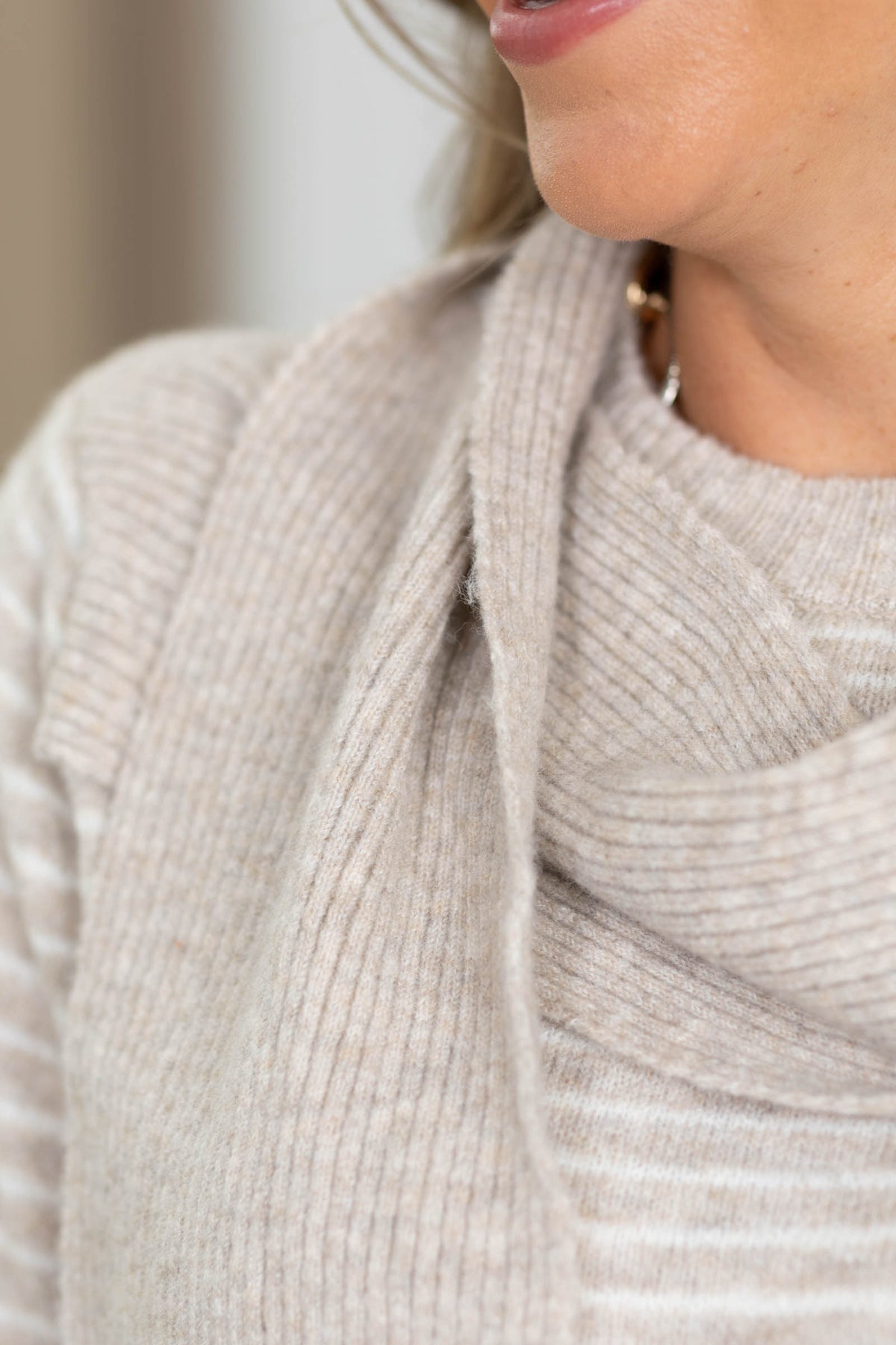 Staccato Oatmeal Attached Scarf Striped Sweater