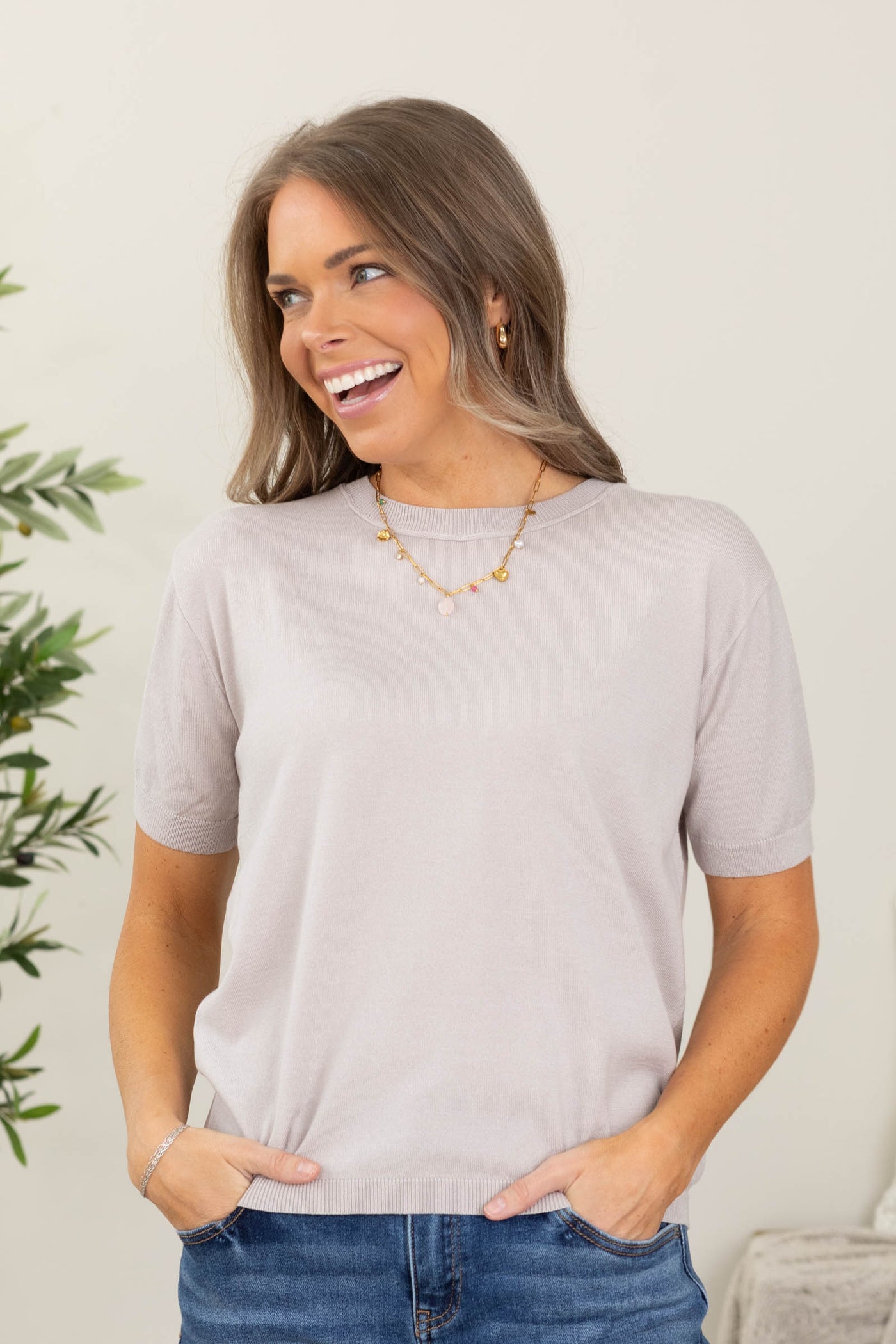 Staccato Light Grey Short Sleeve Basic Knit Top