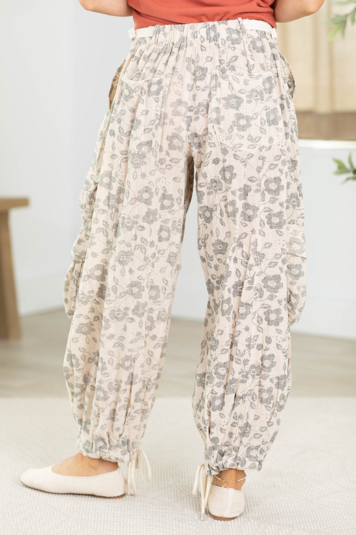 Cotierra Dusty Beige And Charcoal Floral Printed Utility Pants