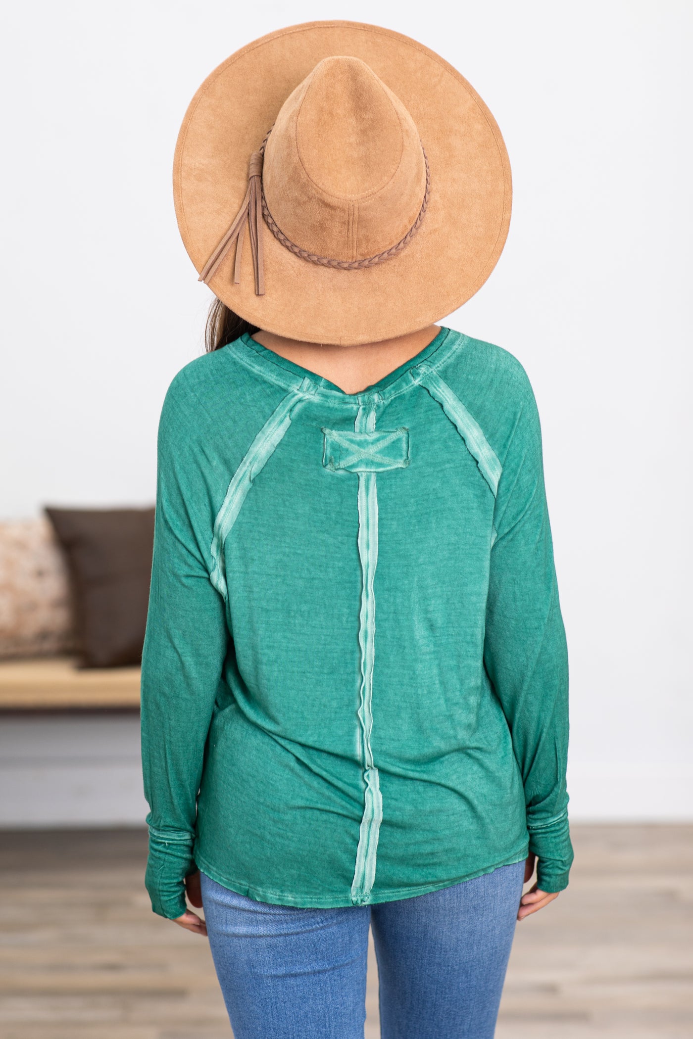 Emerald Green Washed Top With Thumbholes