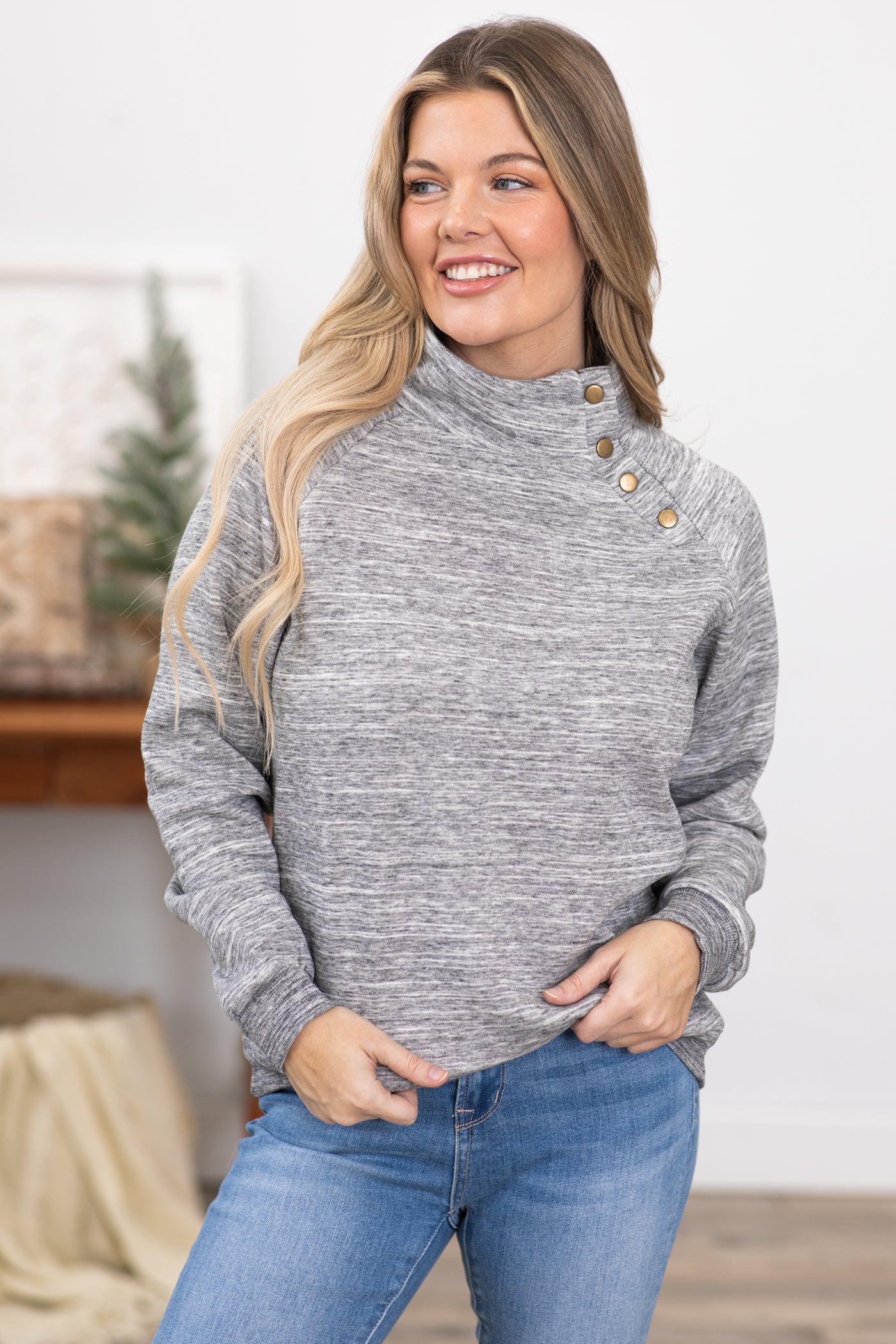 Heather Grey Sweatshirt With Snap Detail