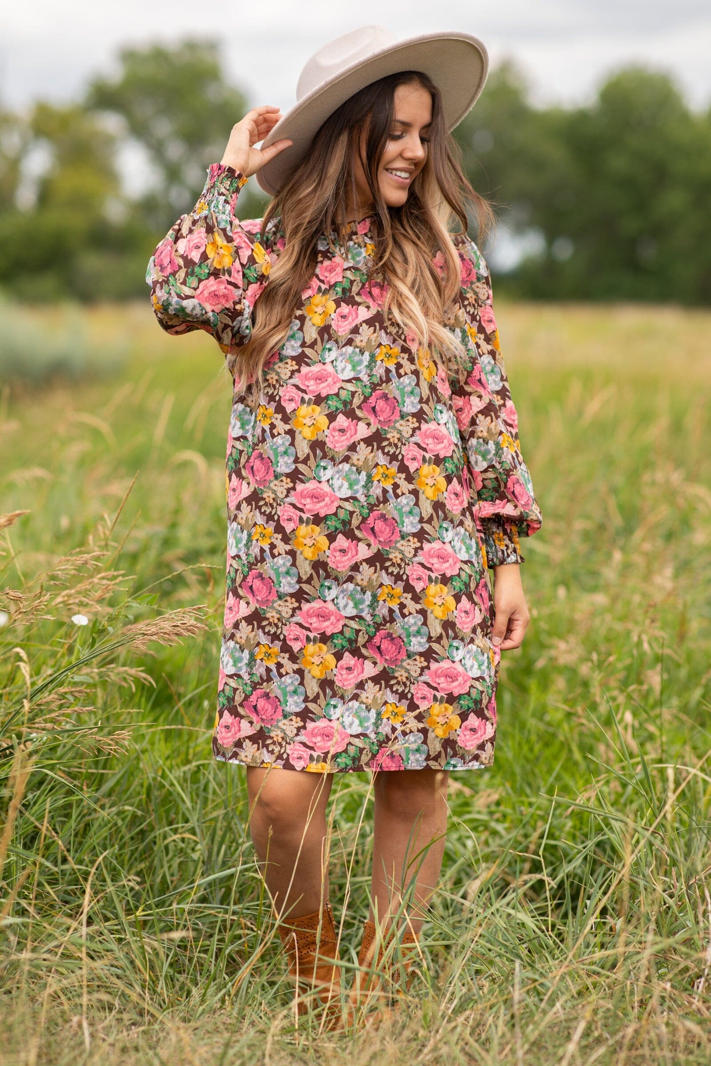 Brown Multicolor Floral Long Sleeve Dress - Filly Flair