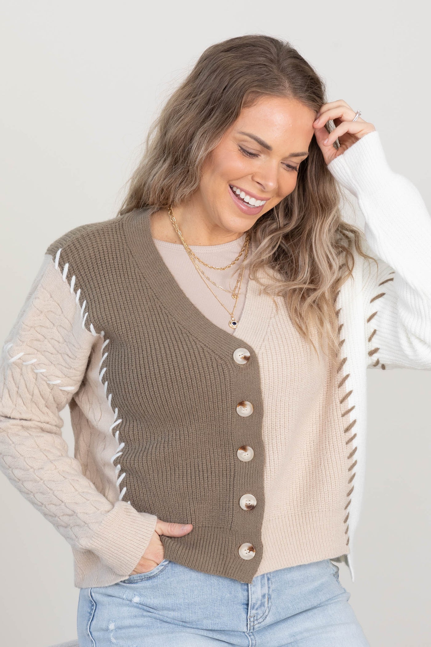 Oatmeal Textured Colorblock Sweater Cardigan
