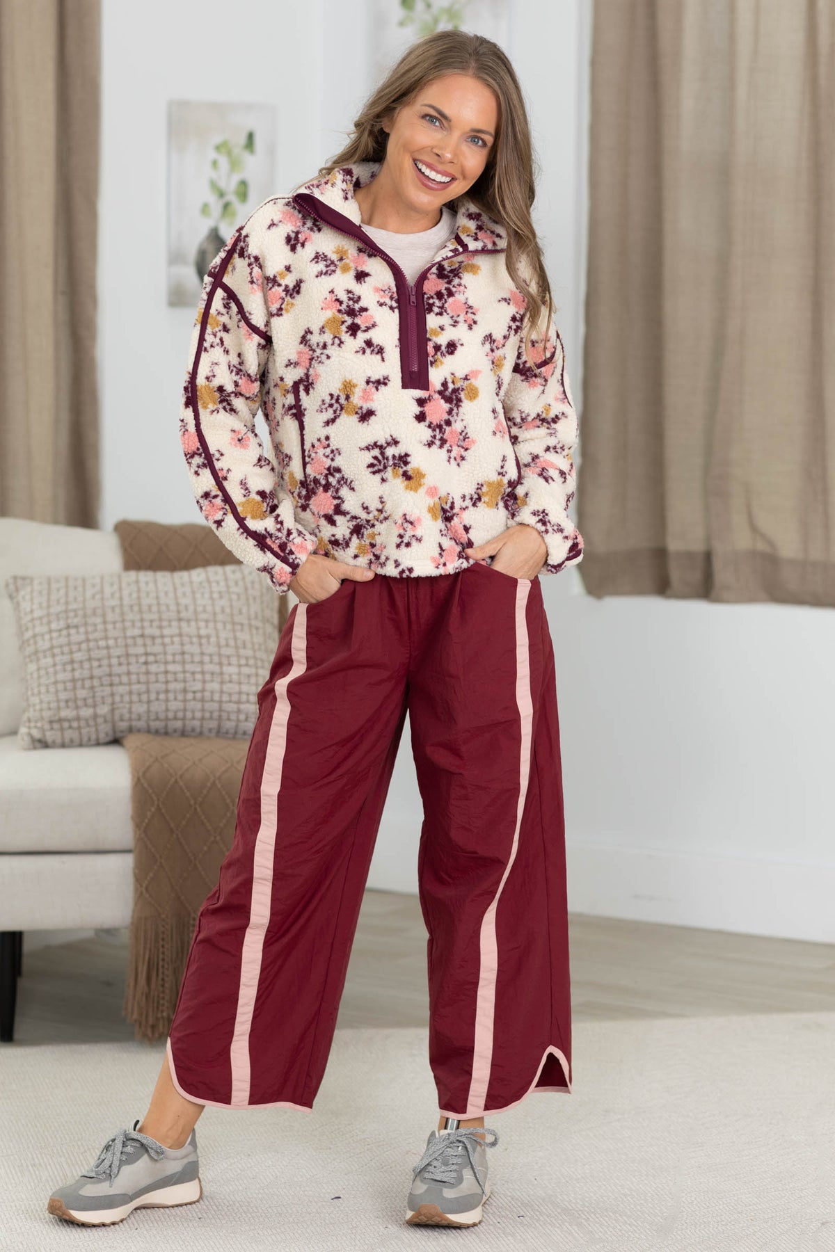 Wine Flower Print Fleece Quarter Zip Sweatshirt
