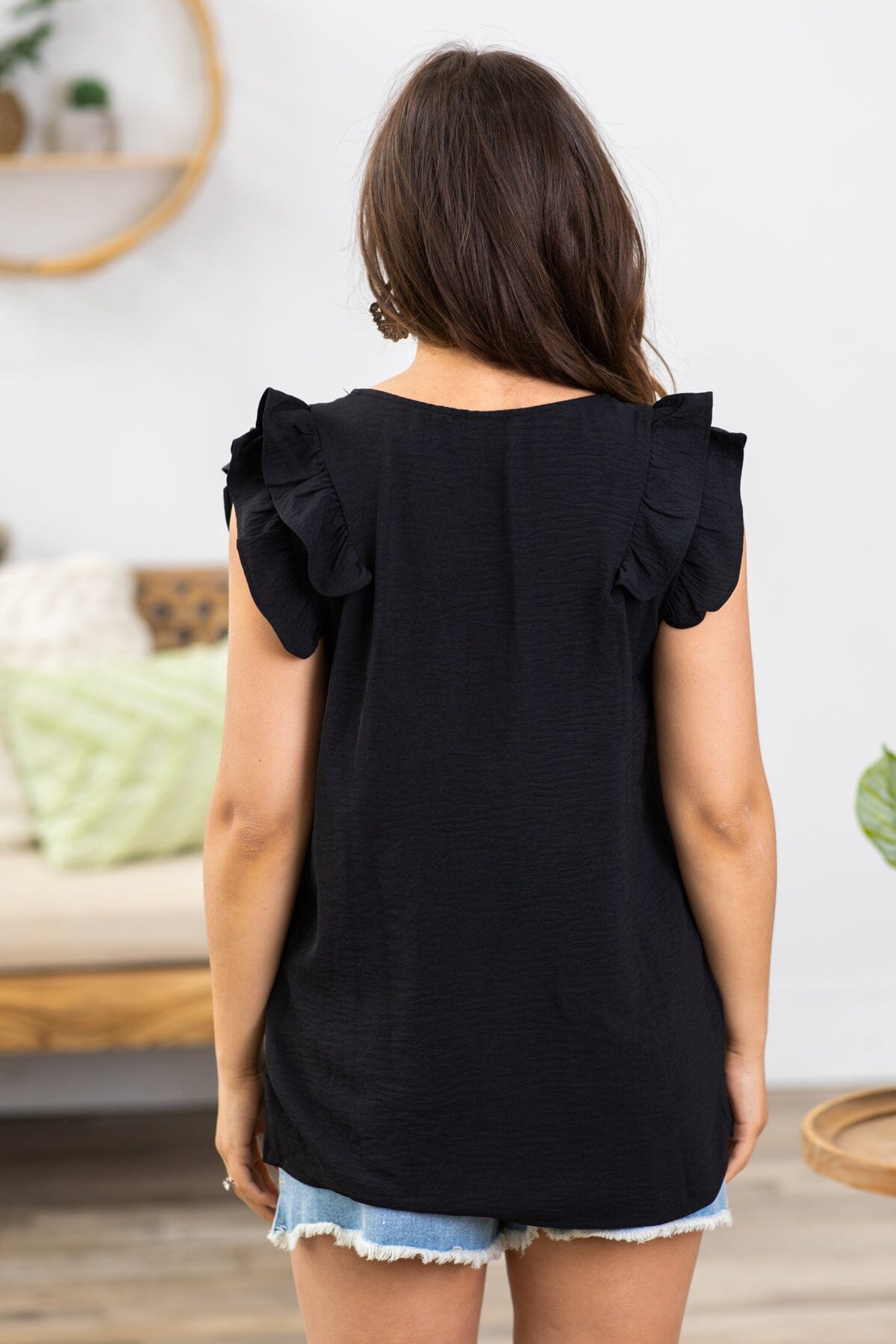 Black V-Neck Ruffle Trim Top - Filly Flair