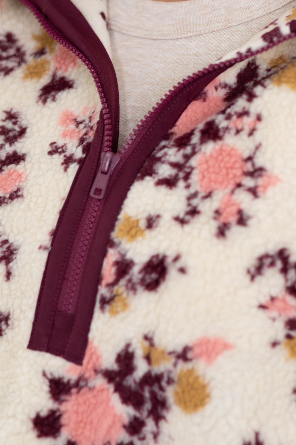Wine Flower Print Fleece Quarter Zip Sweatshirt
