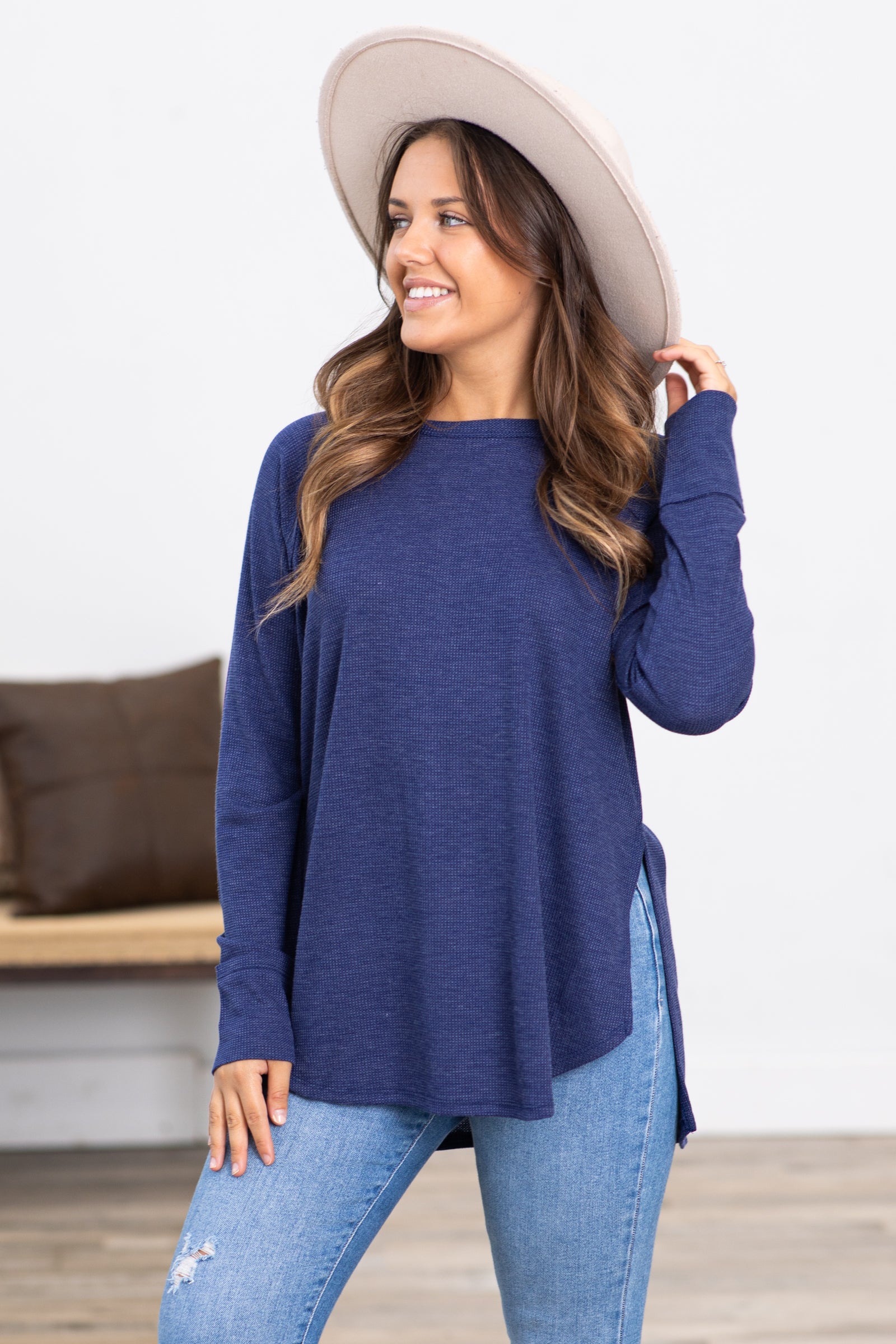 Navy Baby Waffle Knit Top With Side Slit