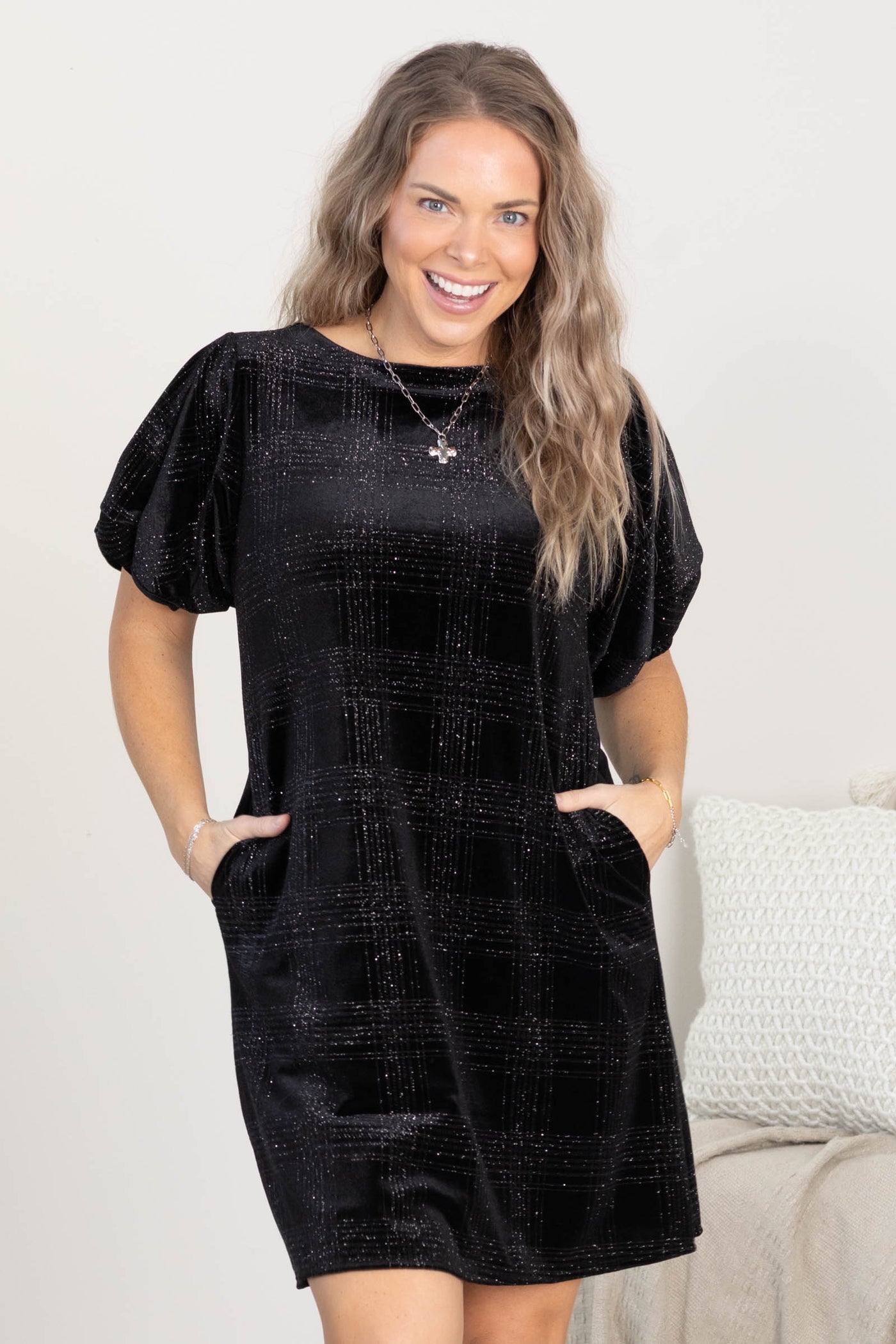 Black Puff Sleeves Glitter Plaid Velvet Dress