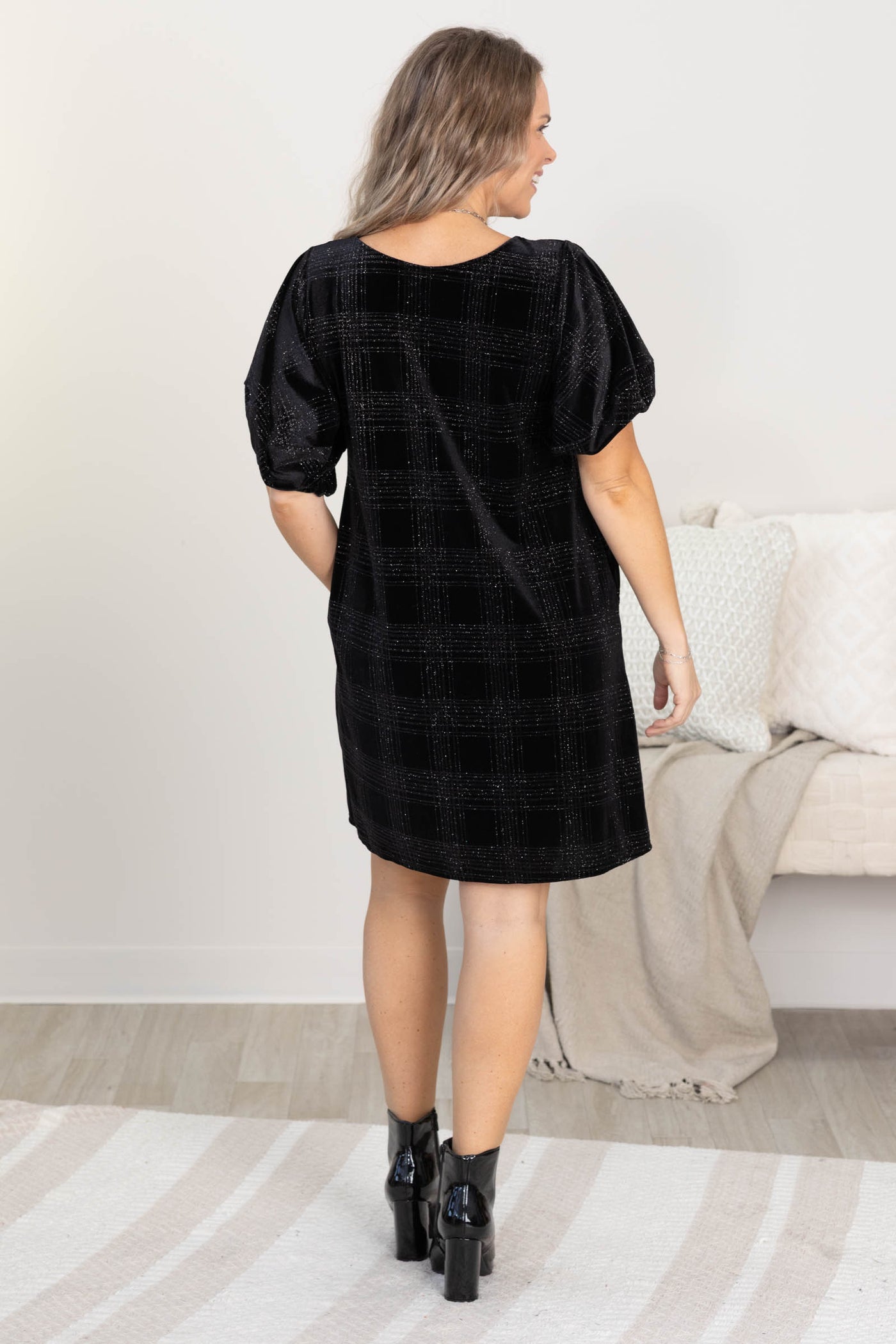 Black Puff Sleeves Glitter Plaid Velvet Dress