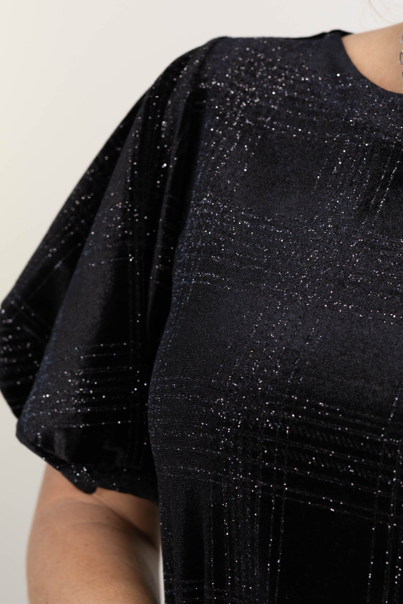 Black Puff Sleeves Glitter Plaid Velvet Dress