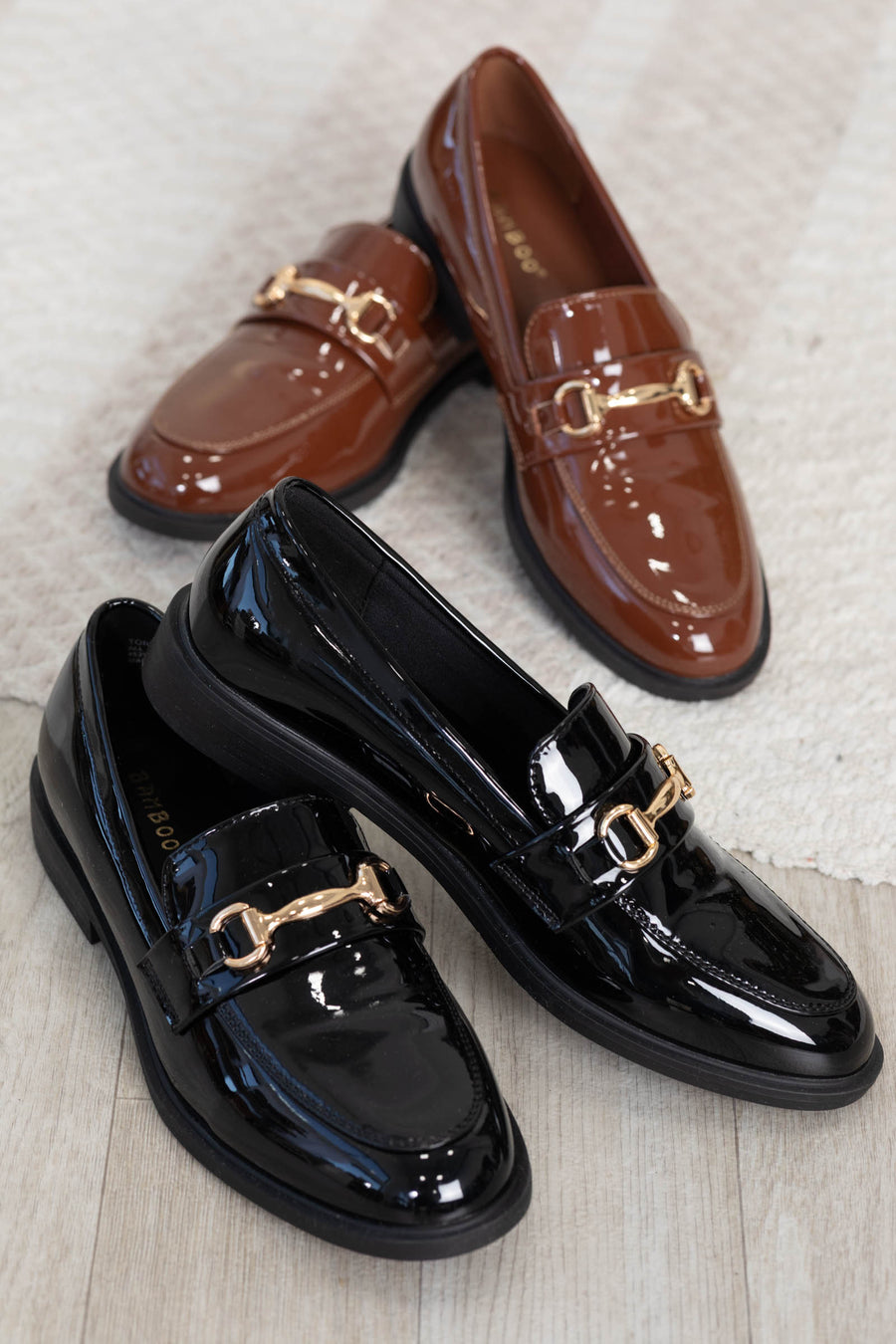 Glossy Casual Loafers With Gold Buckle