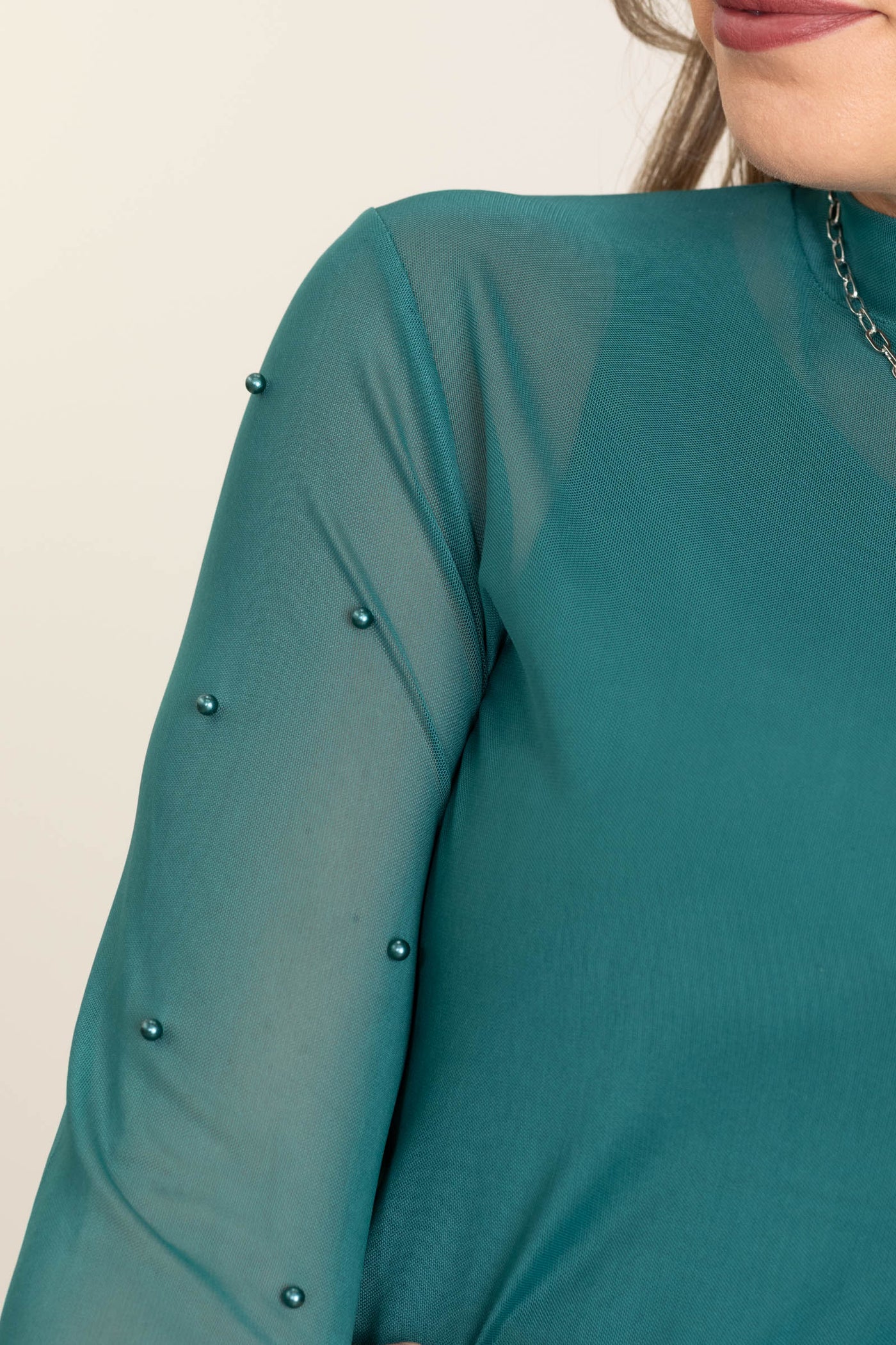 Mock Neck Mesh Knit Top With Pearls