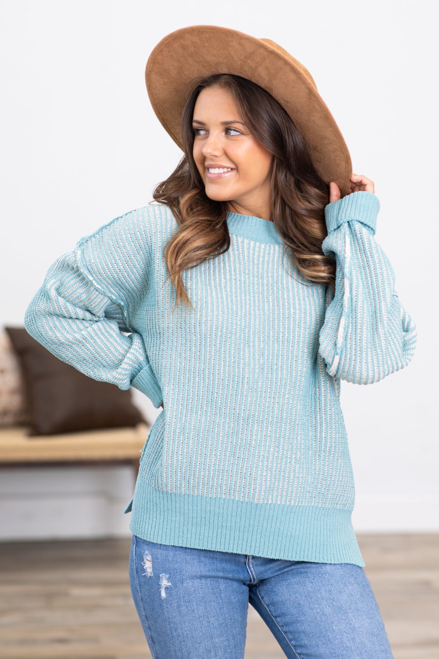 Dusty Teal Ribbed Drop Shoulder Sweater