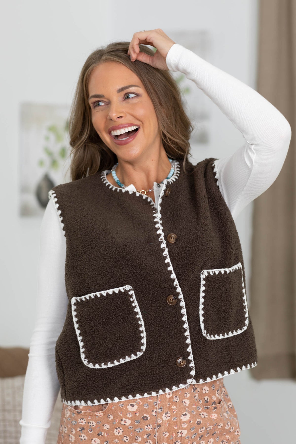 Brown Sherpa Contrast Stitch Trimming Button Vest