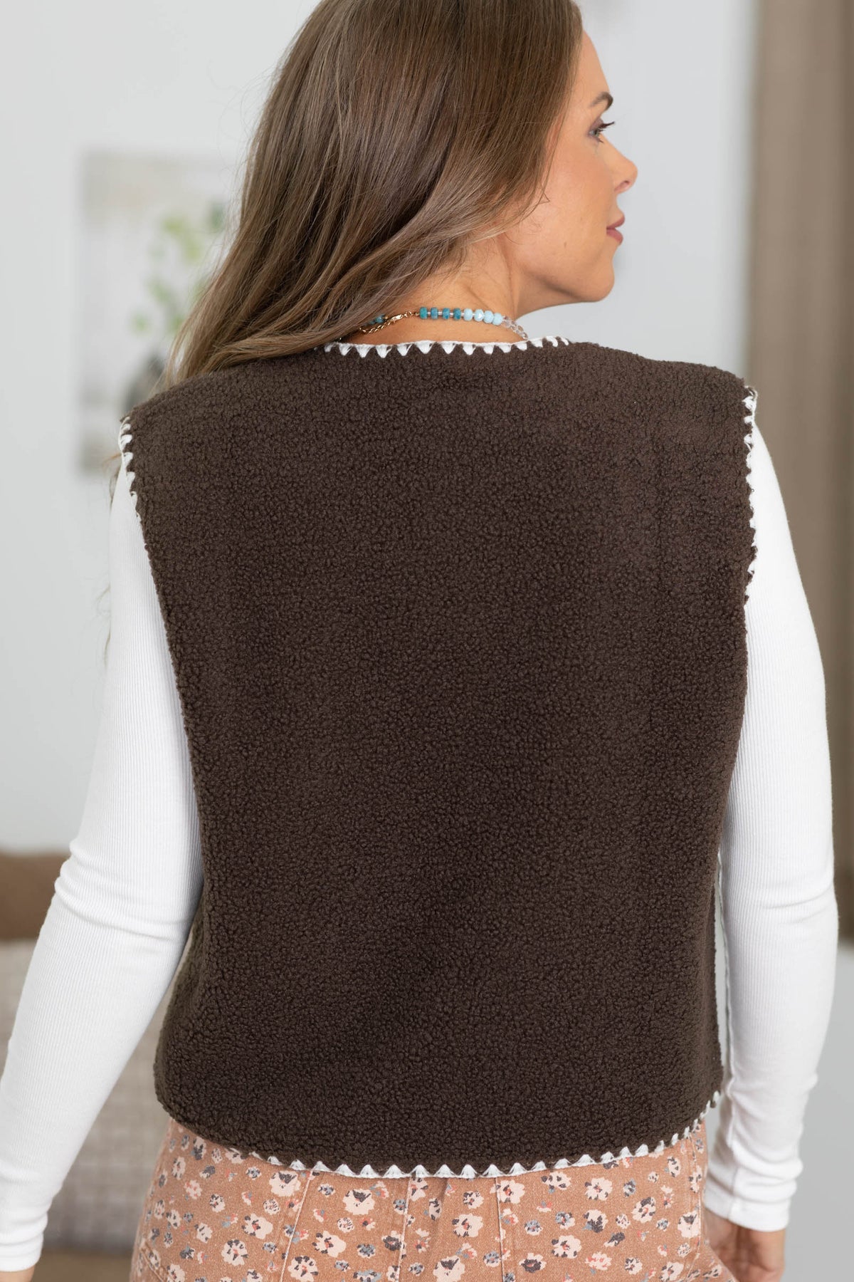 Brown Sherpa Contrast Stitch Trimming Button Vest
