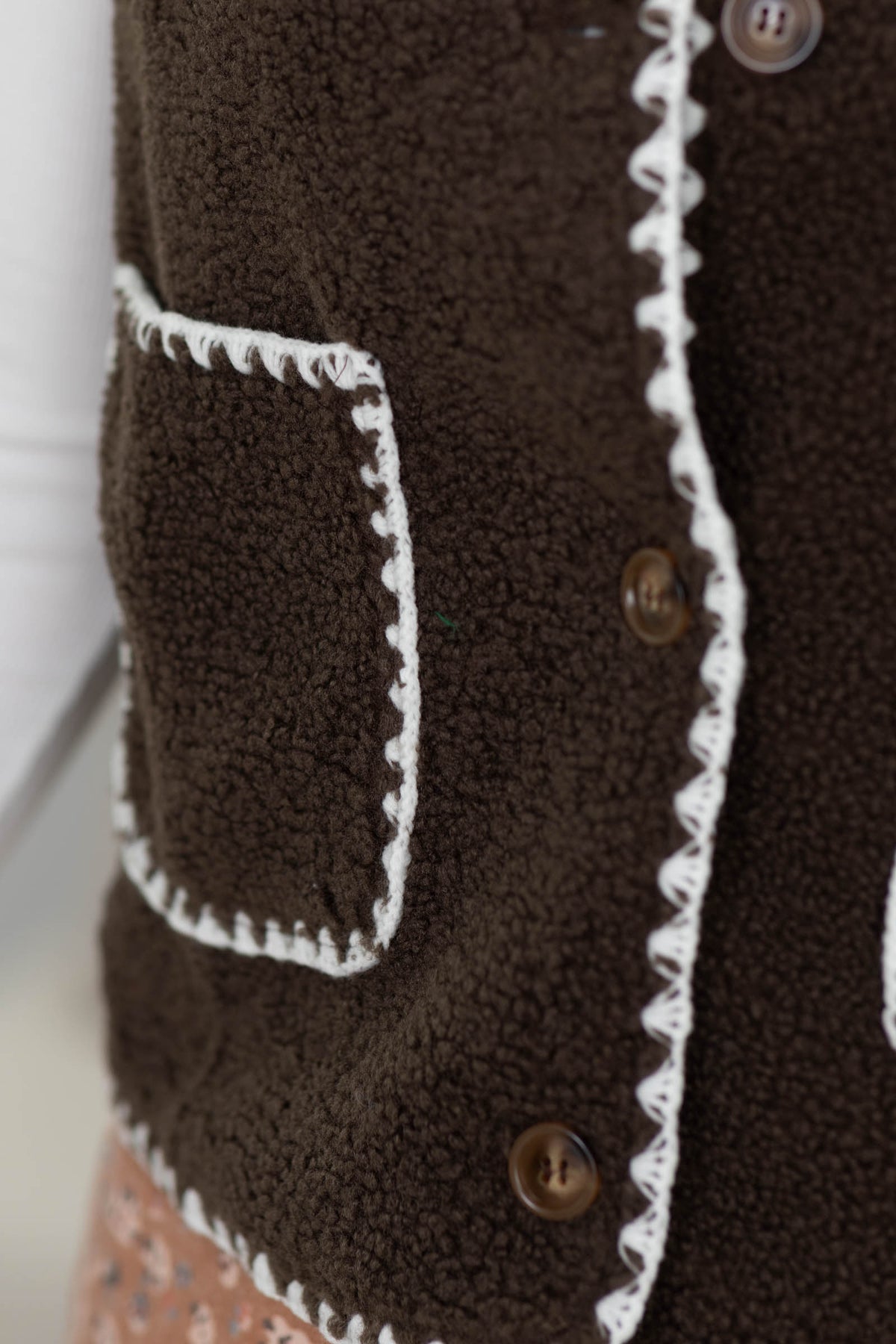 Brown Sherpa Contrast Stitch Trimming Button Vest
