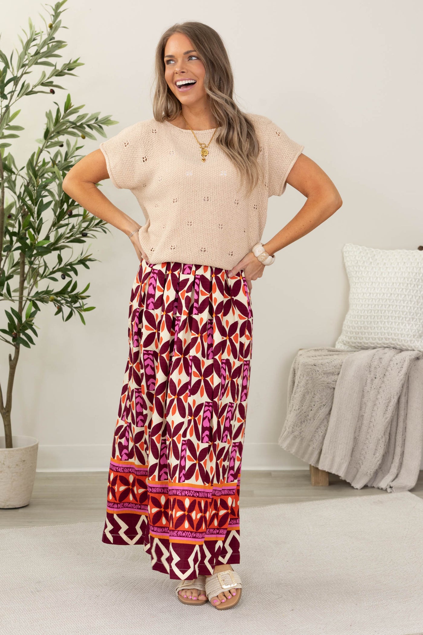 Staccato Burgundy Printed Elastic Waist Maxi Skirt