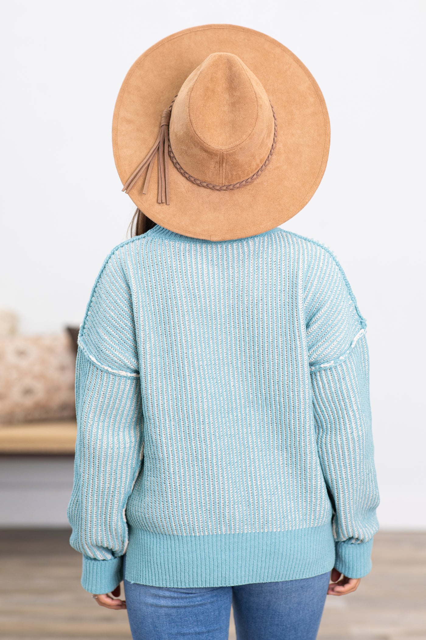Dusty Teal Ribbed Drop Shoulder Sweater