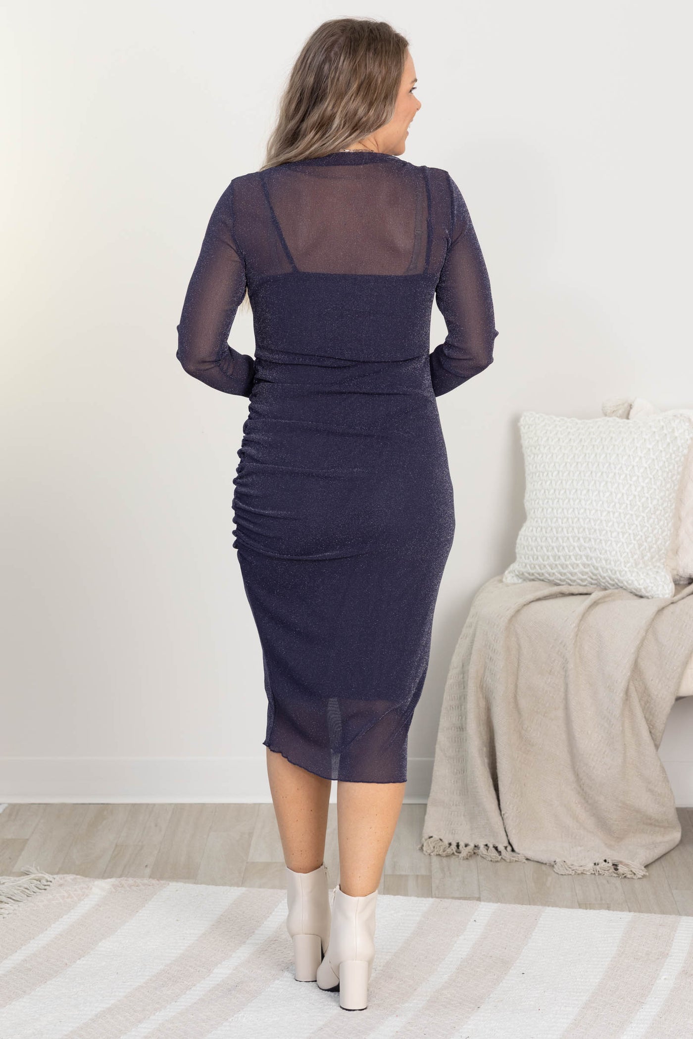 Navy Lurex Detailed Mesh Draped Dress