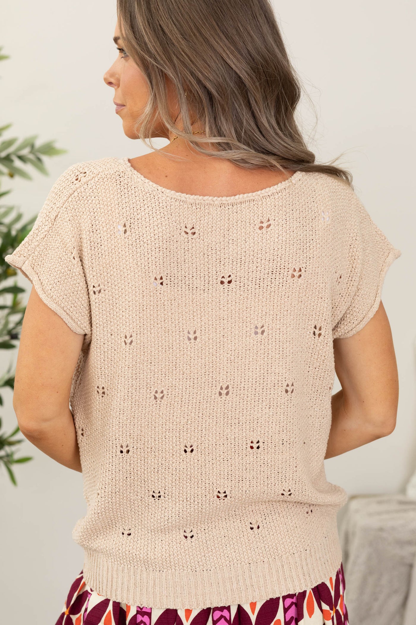 Staccato Tan Pointelle Short Sleeve Knit Top