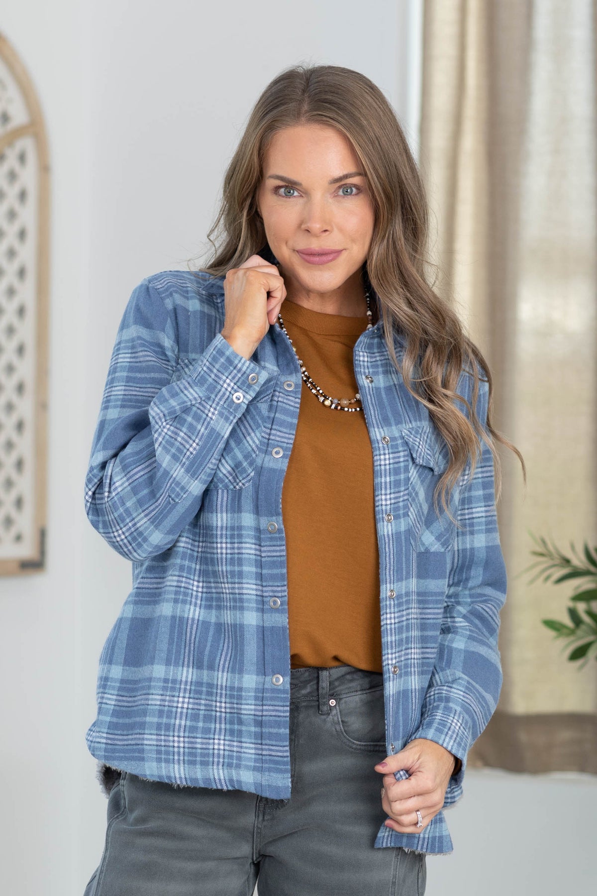 Plaid Light Sherpa Lined Button Up Top
