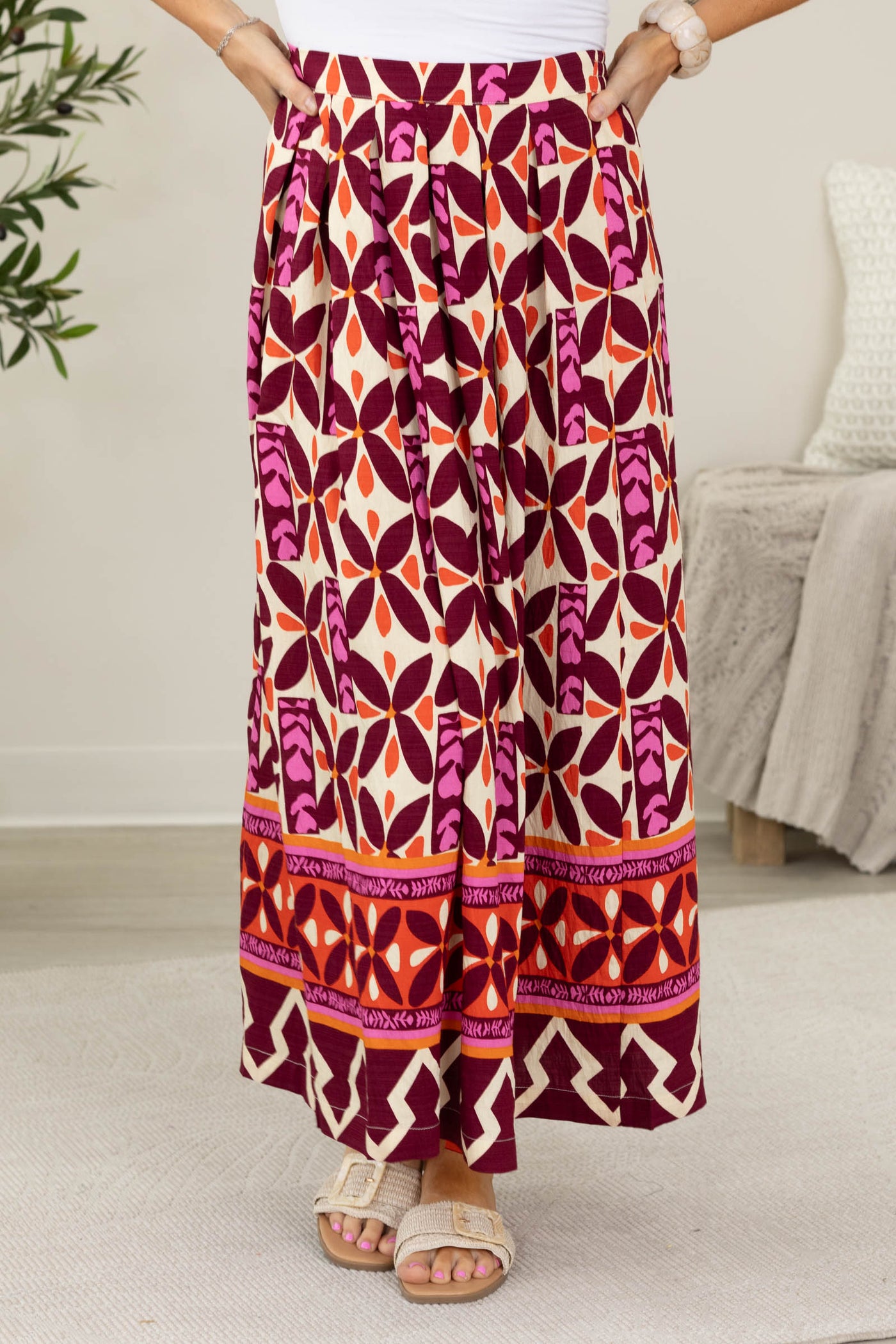Staccato Burgundy Printed Elastic Waist Maxi Skirt