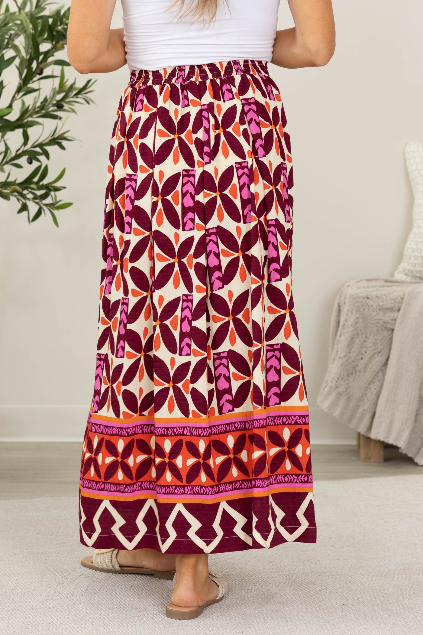 Staccato Burgundy Printed Elastic Waist Maxi Skirt