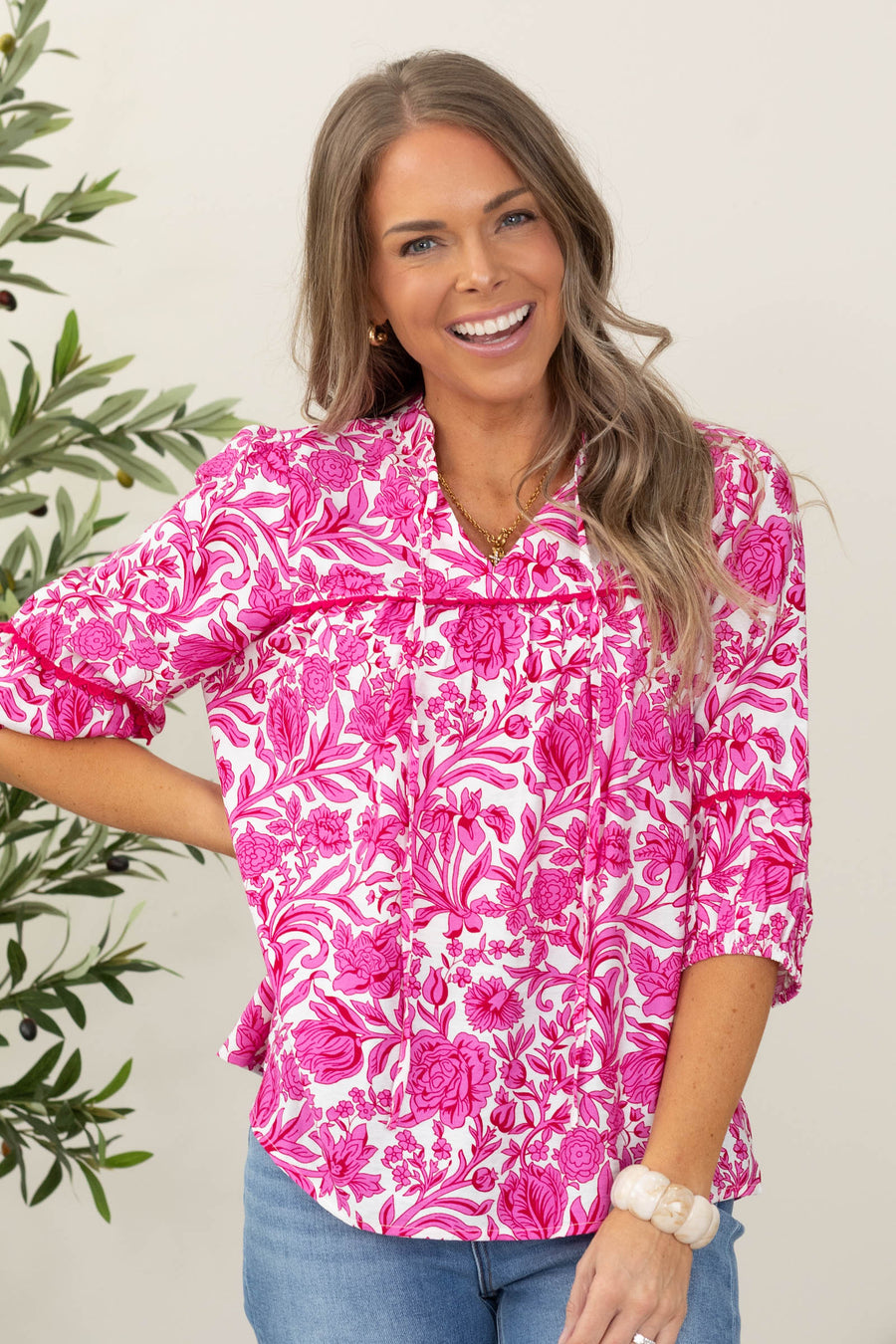 Staccato Collar V Tie Neck Floral Blouse