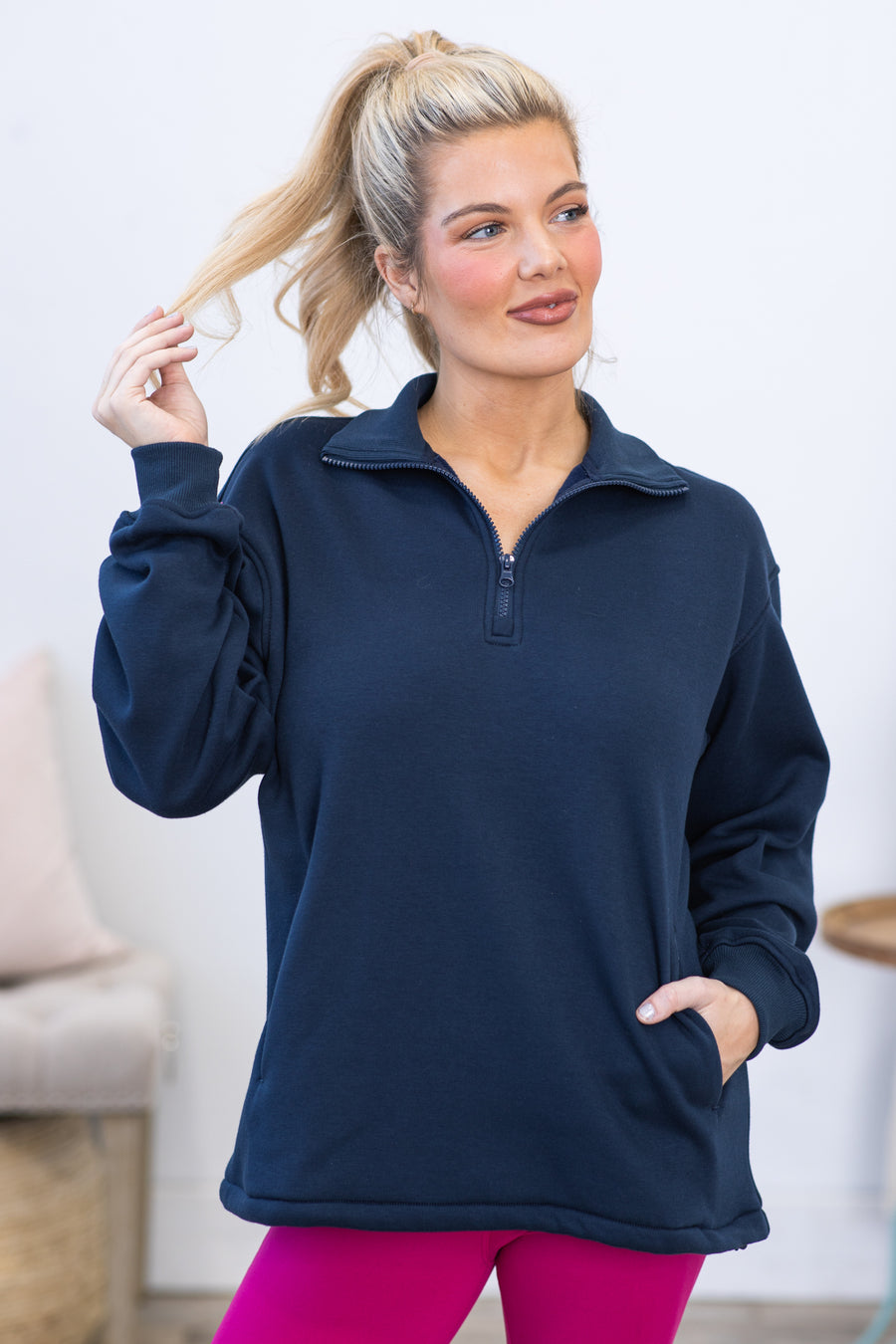 Navy Half-Zip Pullover With Drawstring