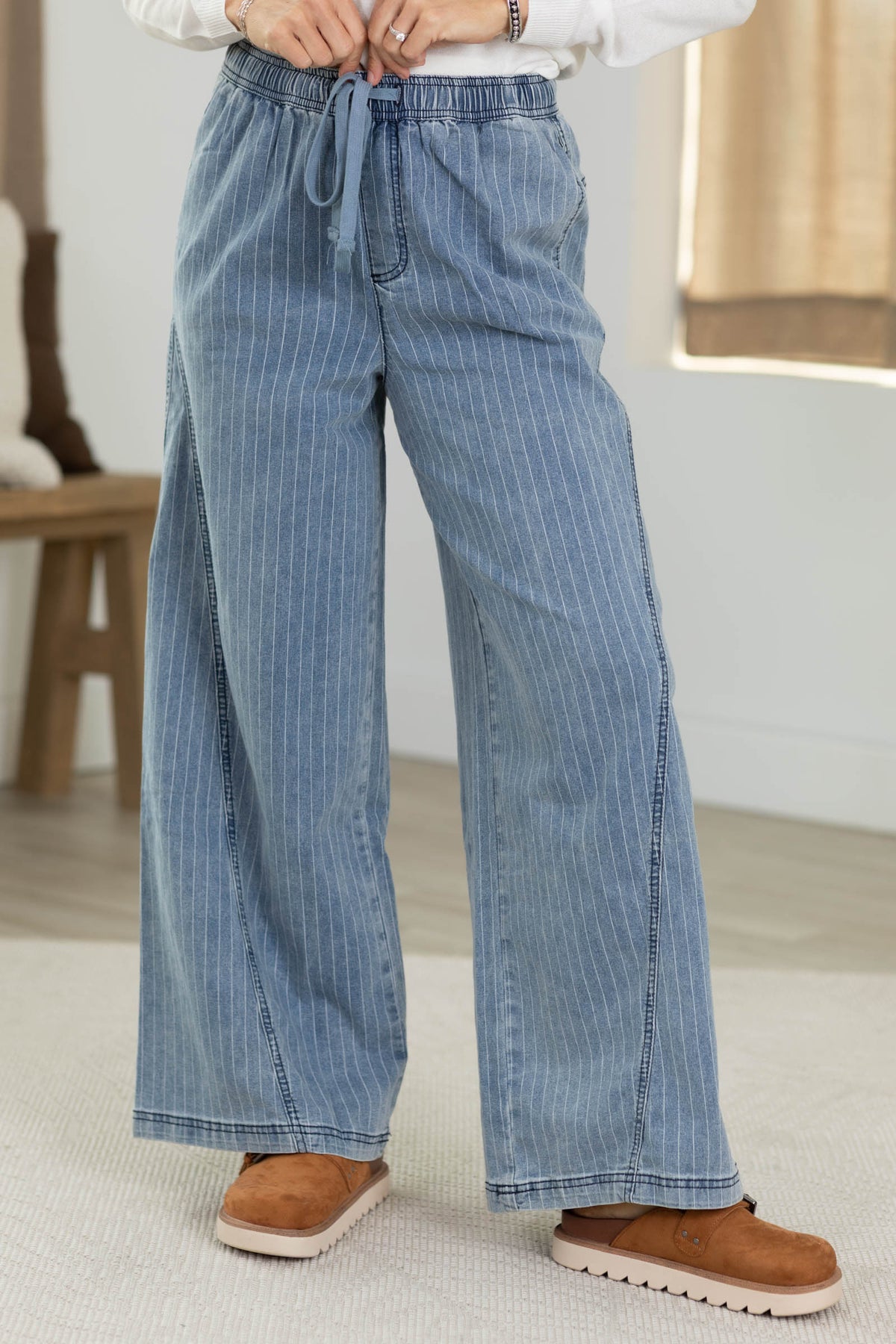 Medium Wash Stripe Denim Drawstring Pants