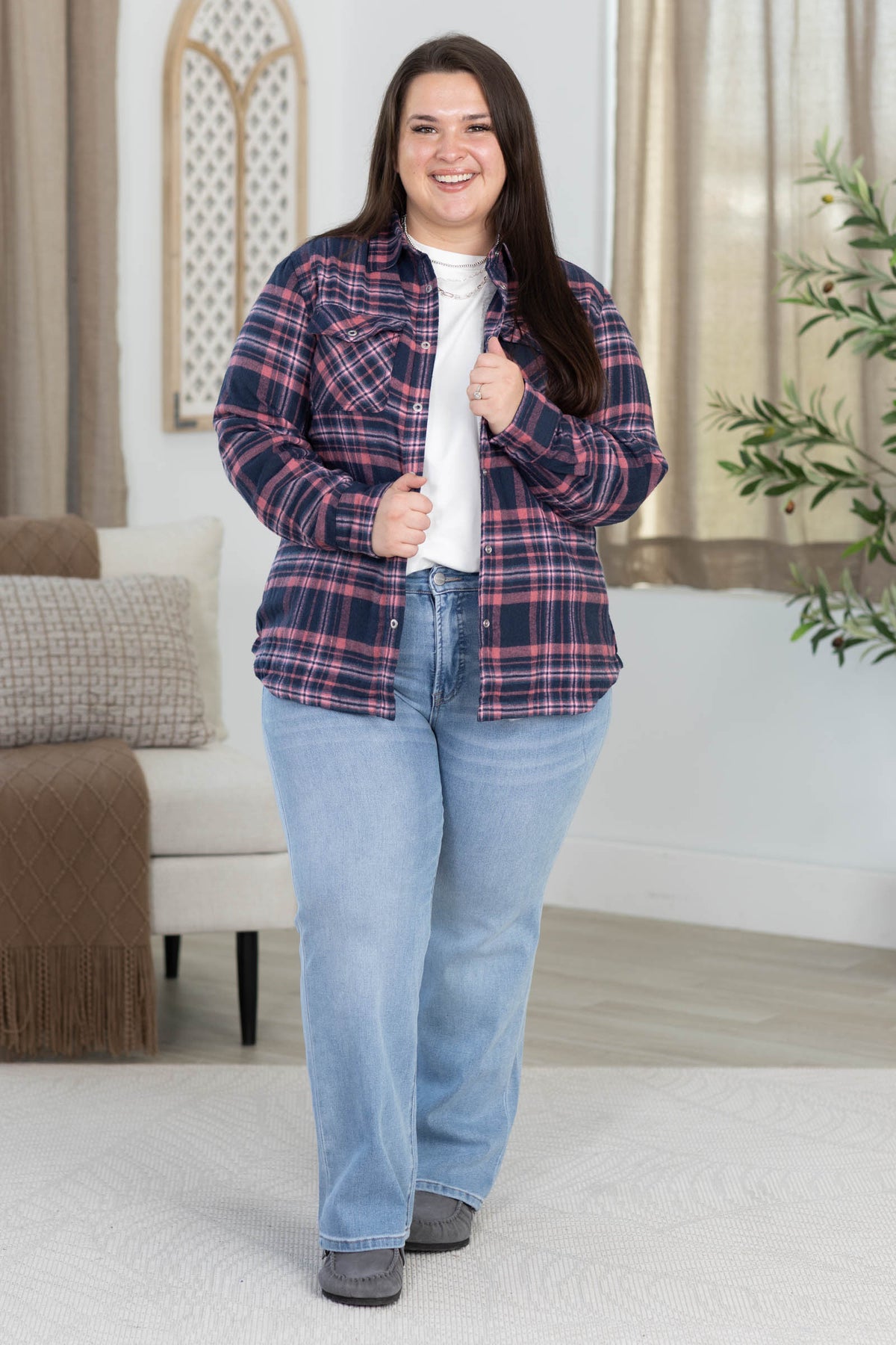 Plaid Light Sherpa Lined Button Up Top
