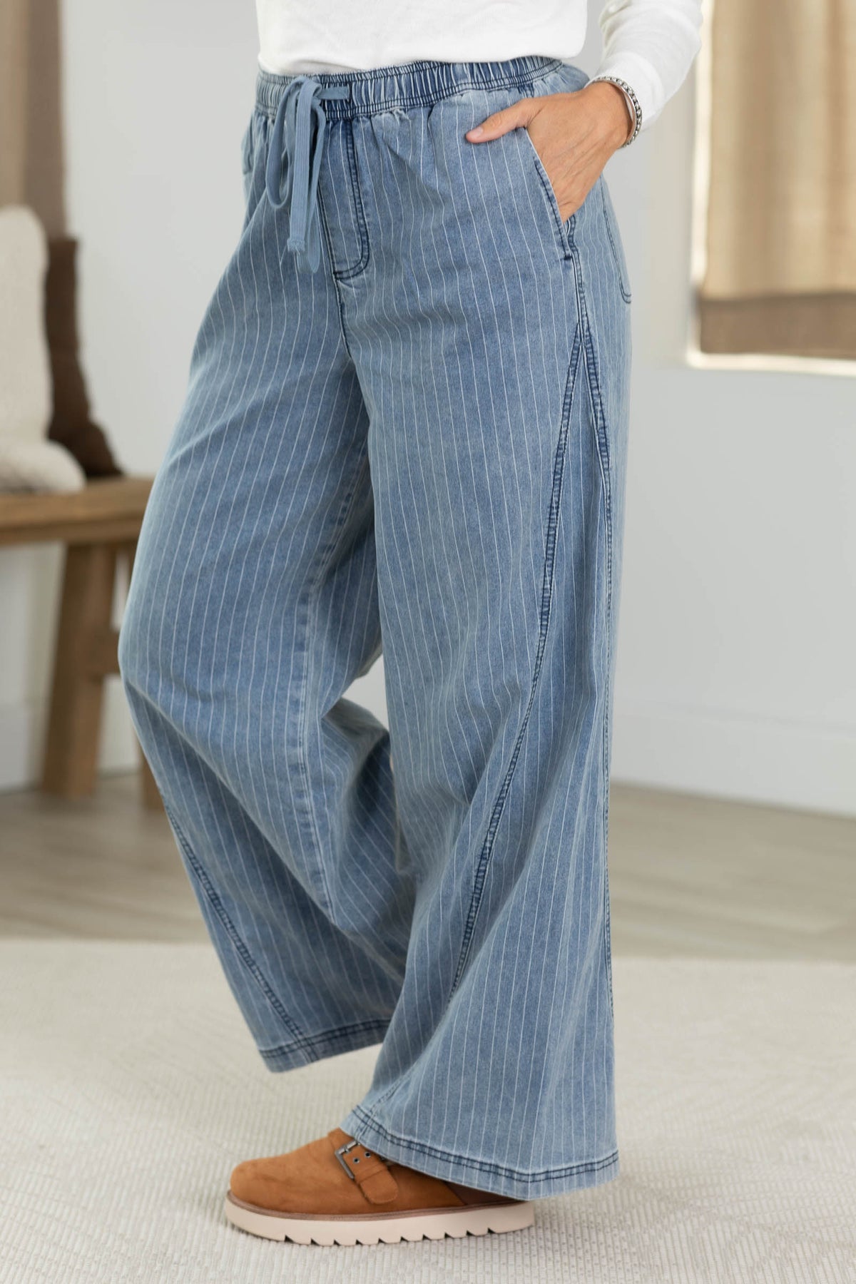Medium Wash Stripe Denim Drawstring Pants