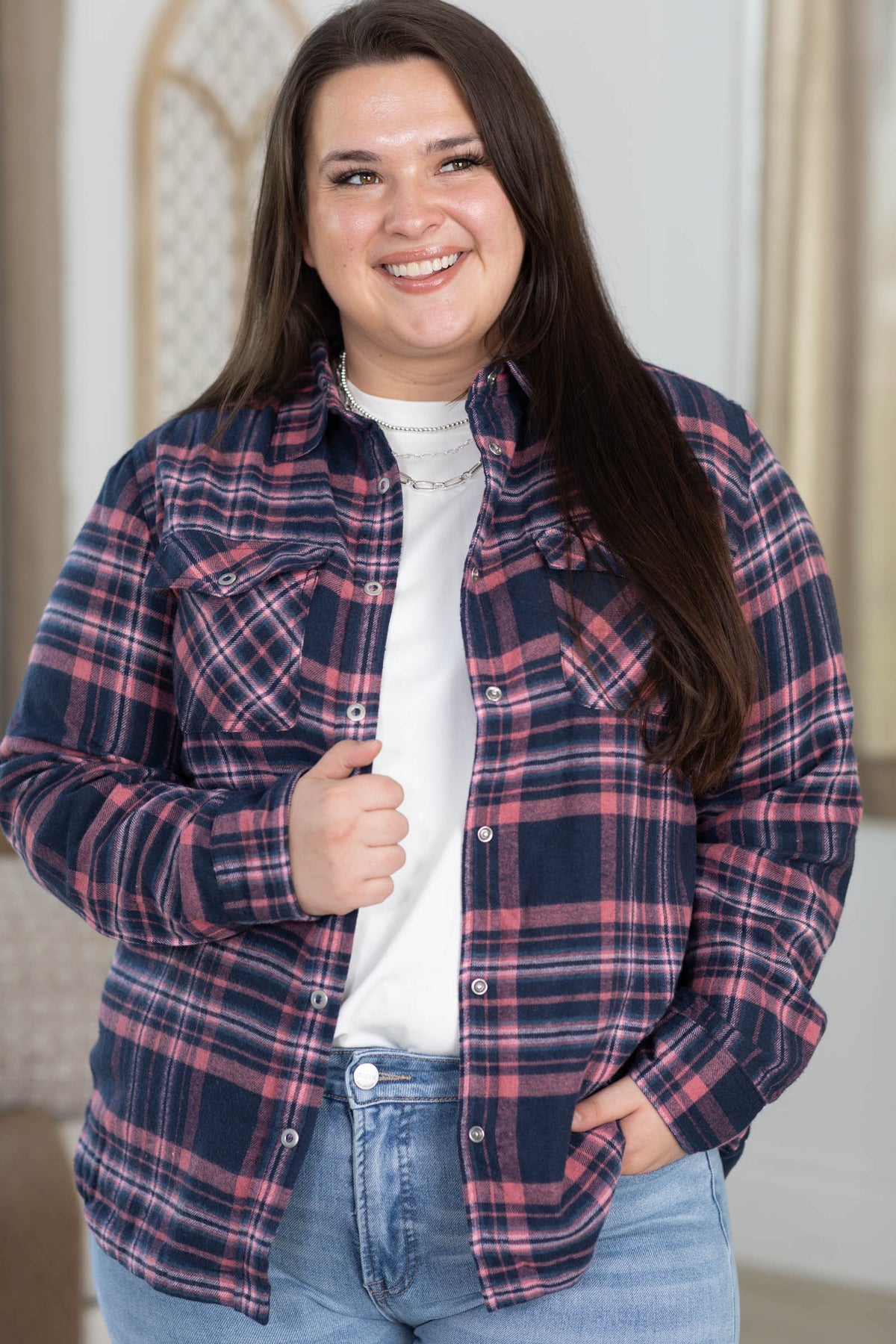 Plaid Light Sherpa Lined Button Up Top